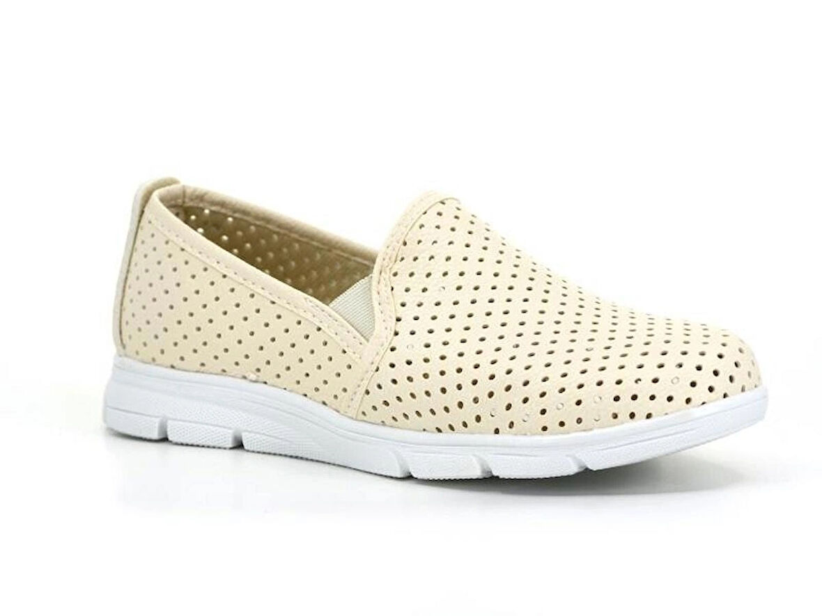 Ortapedik Taban Nefes Alır Bağcıksız Kadın Spor Babet Ayakkabı Krem TarzMısra