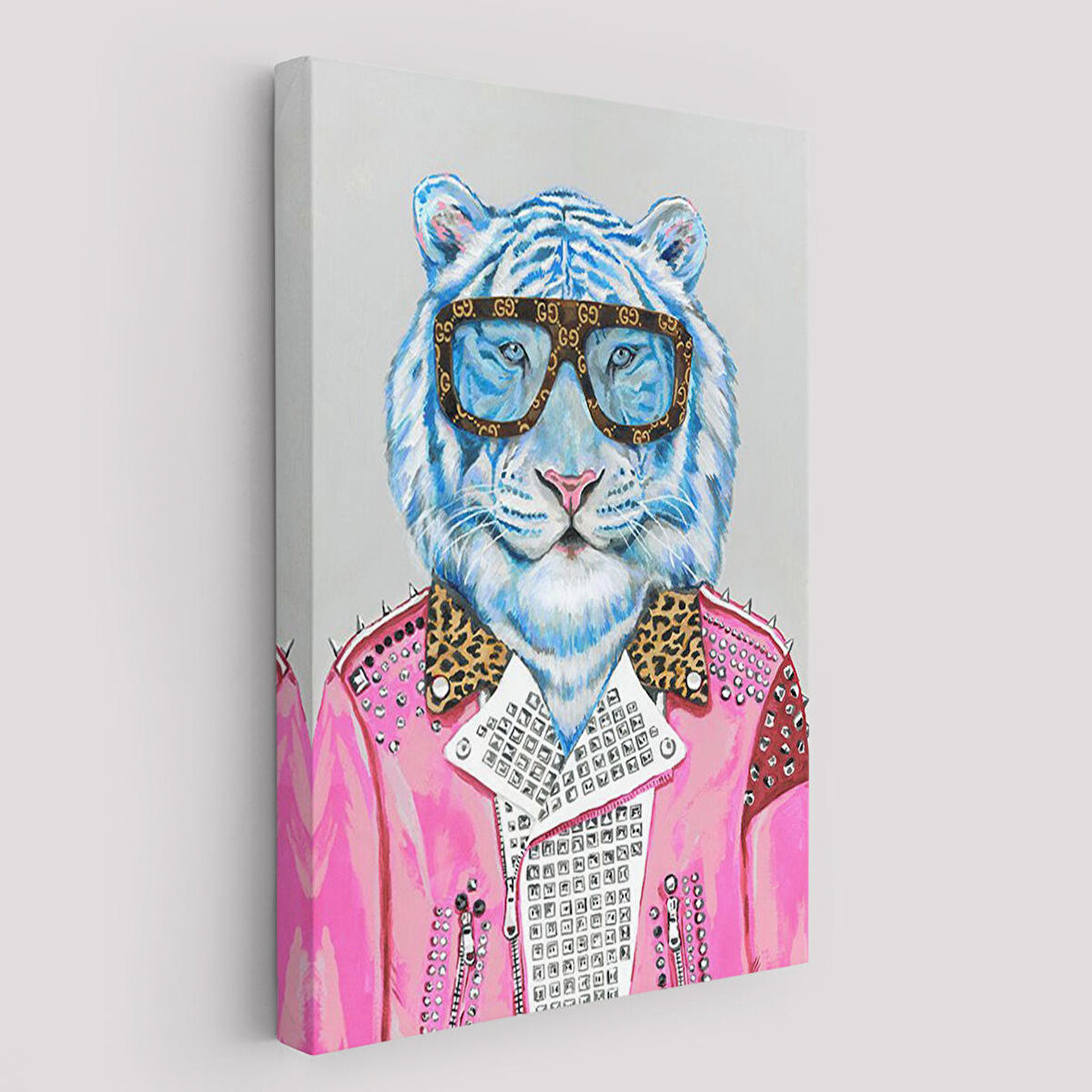 Tüketim Bağımlısı Pembe Ceketli Kaplan Duvar Tablosu-6156