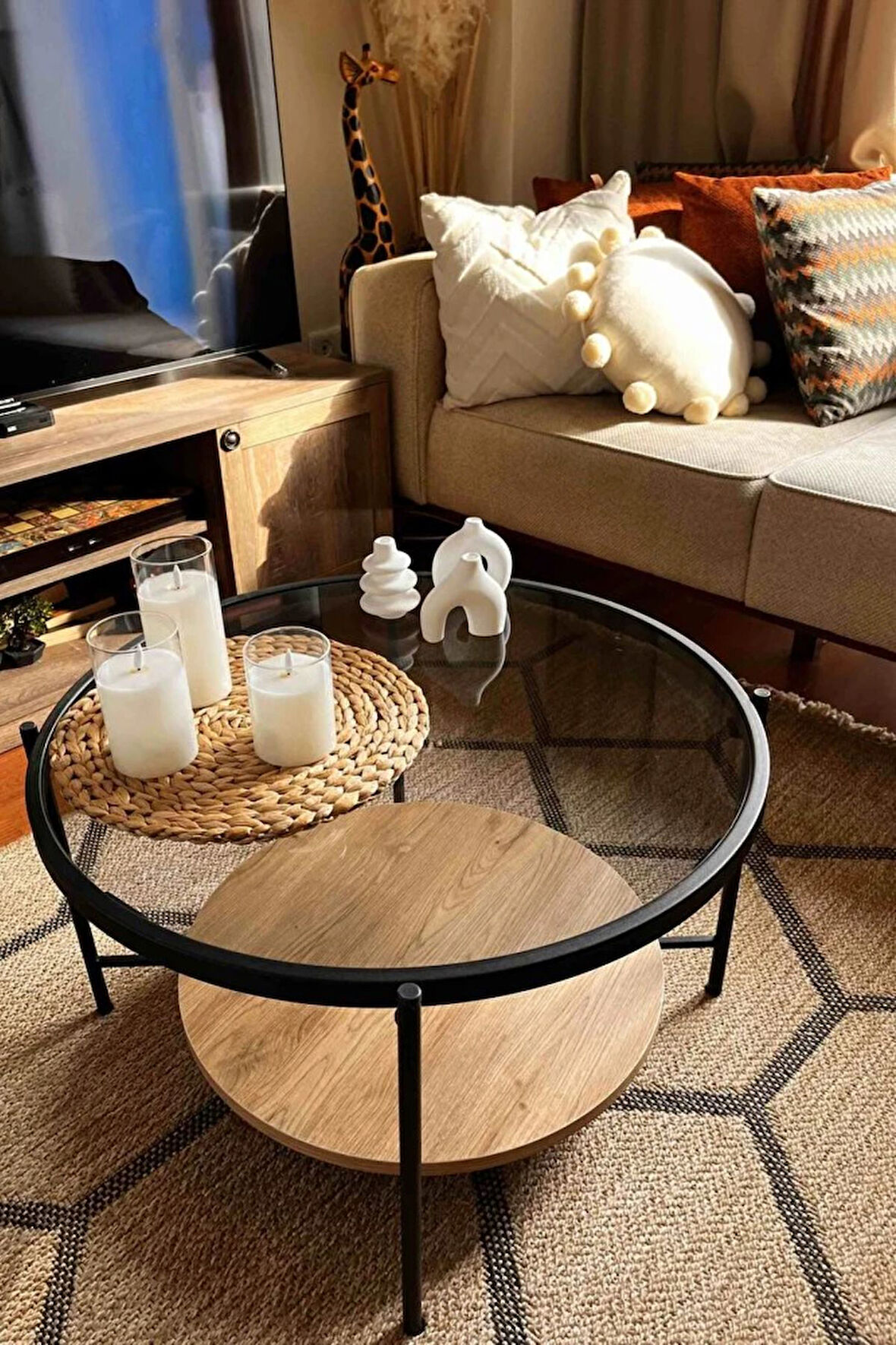 Nordic Orta Sehpa Temperli Cam 75 cm Demonte Çizilmez Kırılmaz Metal Çerçeve Raflı Minimalist Sehpa
