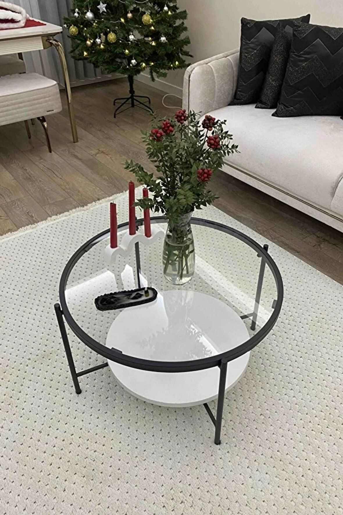 Nordic Orta Sehpa Temperli Cam 75 cm Demonte Çizilmez Kırılmaz Metal Çerçeve Raflı Minimalist Sehpa