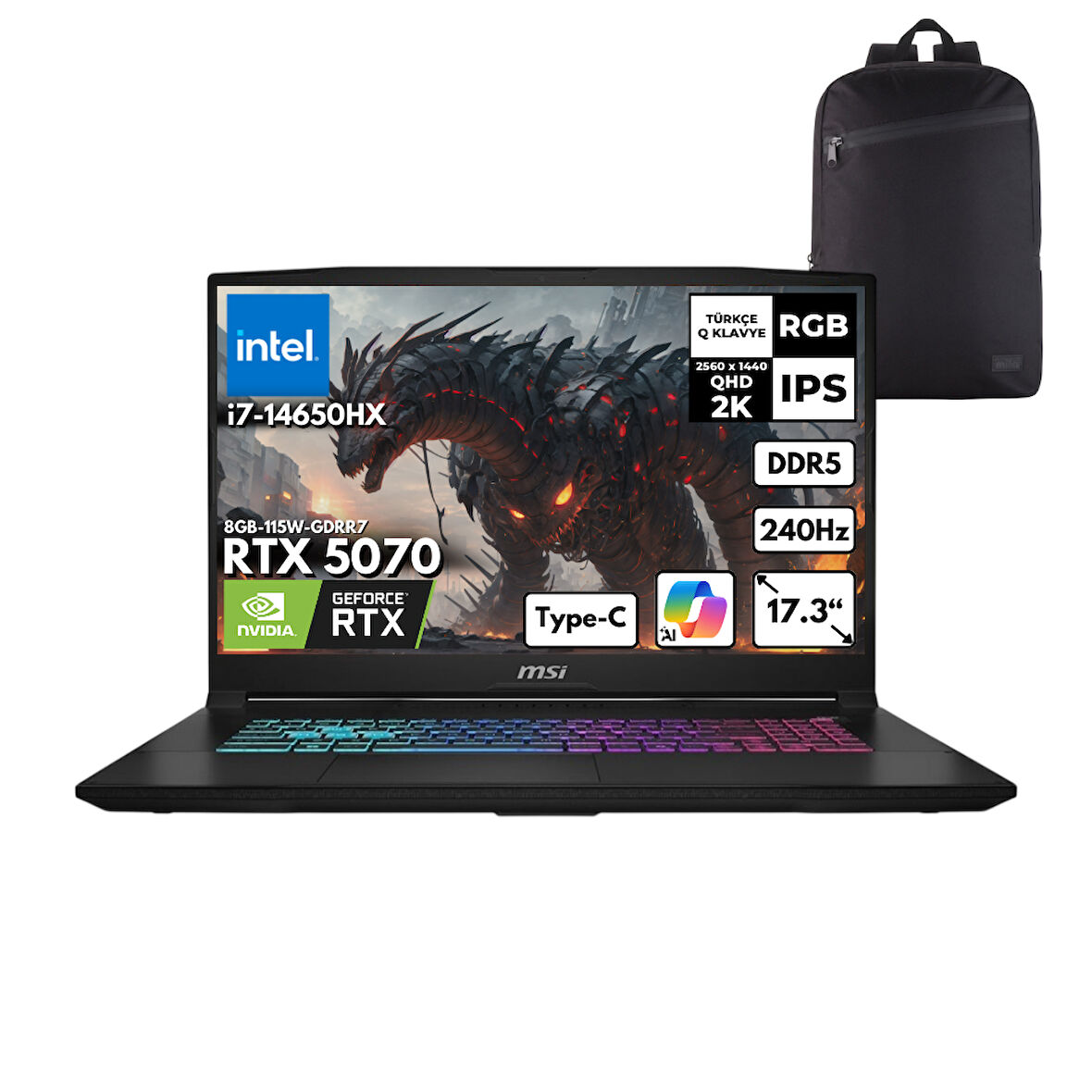MSI KATANA 17 HX i7-14650HX 32-GBDDR5 1 TBSSD RTX5070 (8GB-115W-GDRR7) 17.3" 2K QHD 240Hz Windows 11 Home + HMF Sırt Çantası B14WGK-046XTRHMF32