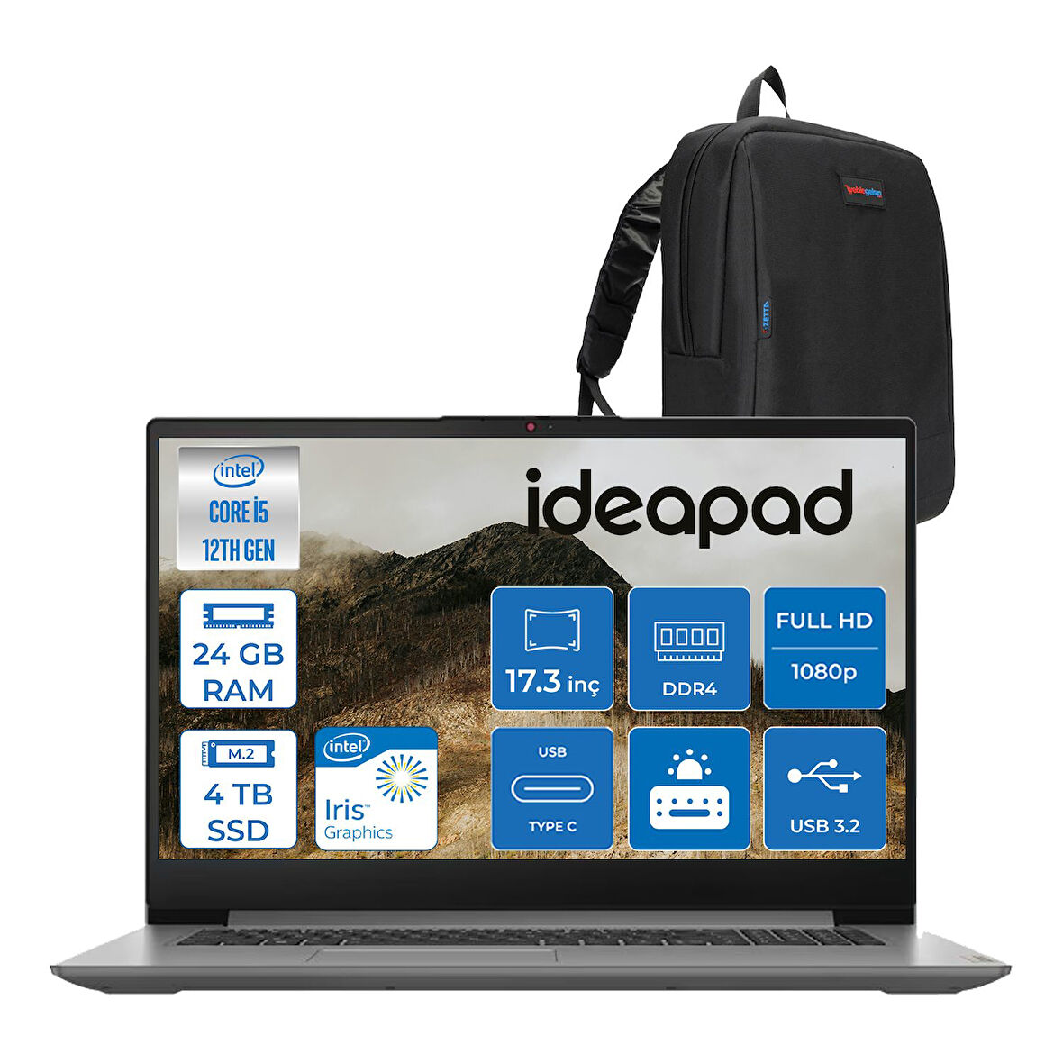 Lenovo Ideapad 3 17IAU7 Intel Core I5-1235U 24GB 4tb SSD Freedos Intel Iris Xe Graphics IPS 17.3 Inç Fullhd 300NITS Taşınabilir Bilgisayar 82RL00CLTXF20 + Zetta Çanta