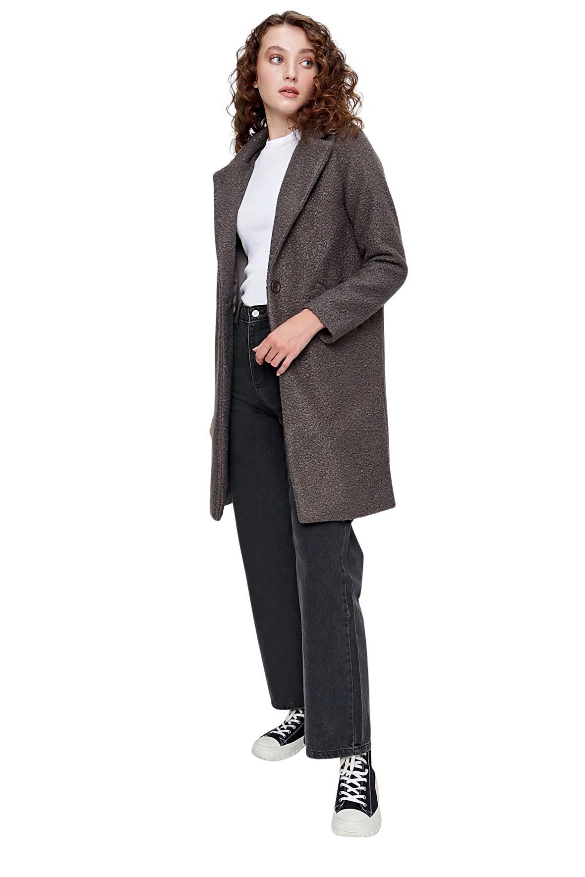 Kadın Antrasit Oversize Kaşe Kaban