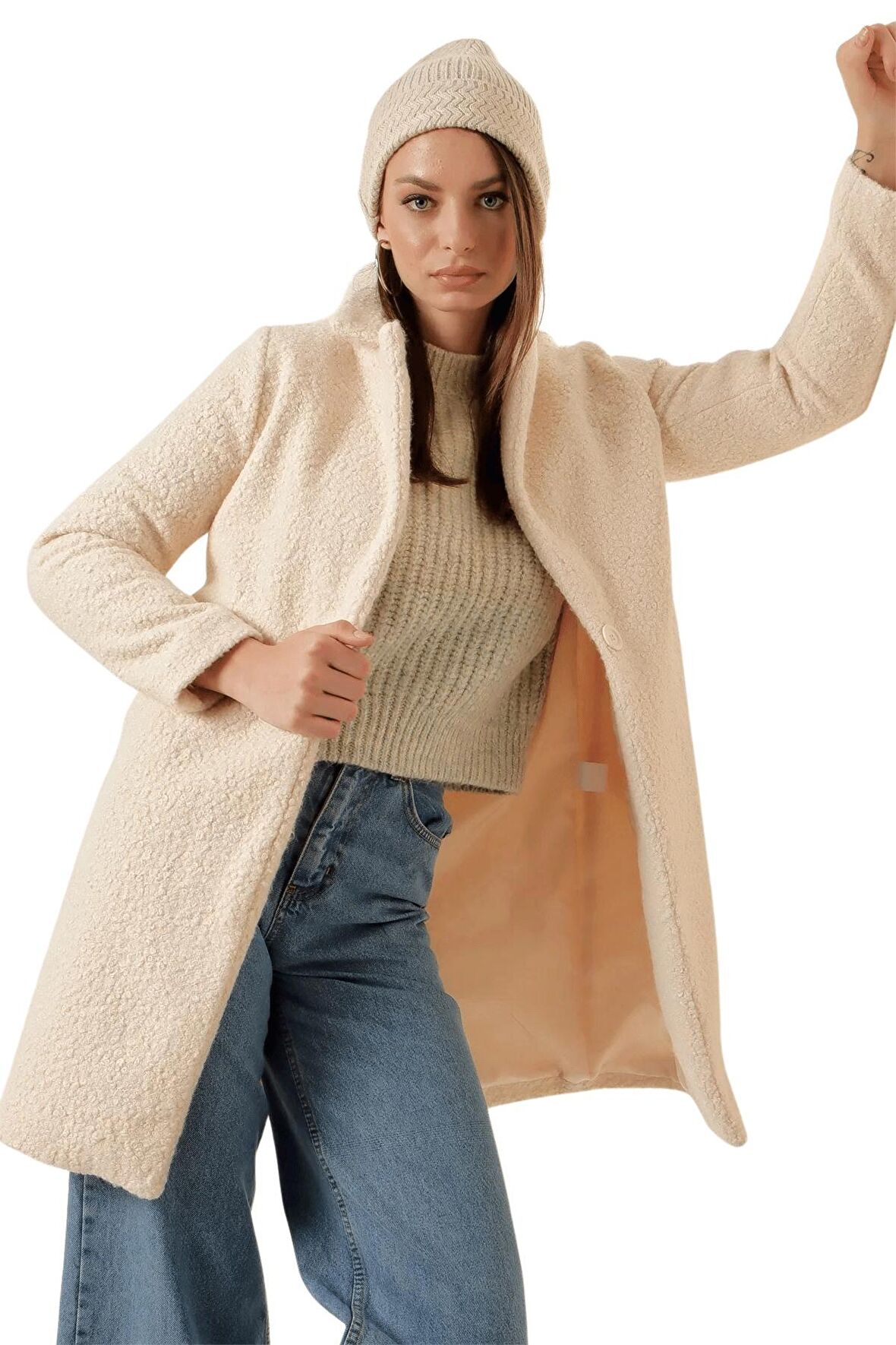 Kadın Krem Oversize Kaşe Kaban