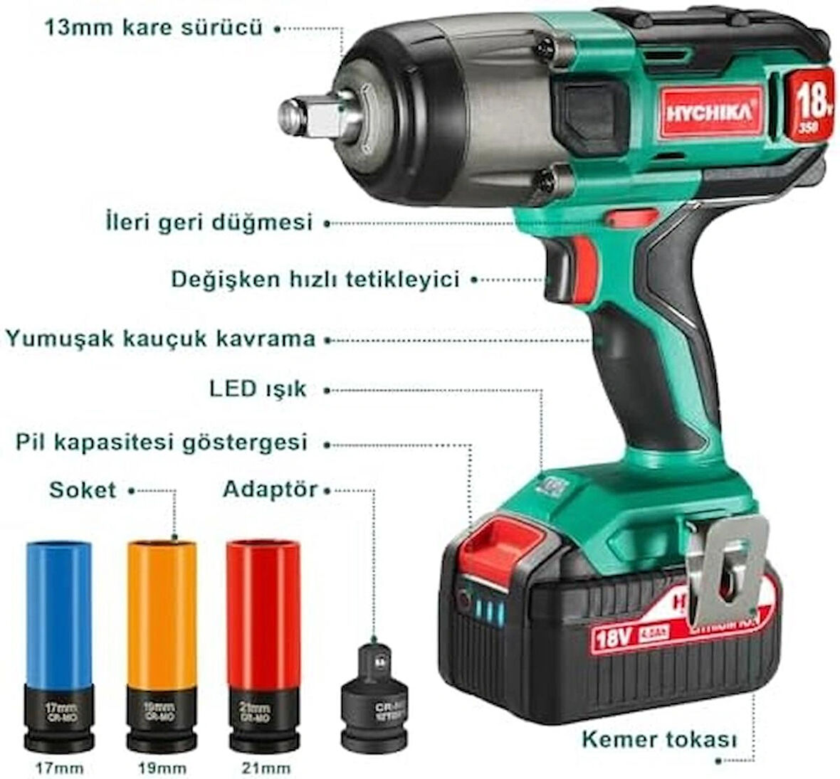 HYCHIKA BETTER TOOLS FOR BETTER LIFE 18V Akülü Darbeli Anahtar, 350Nm Darbeli Anahtar, Darbeli Sürücü Darbe Frekansı 4.0Ah Pil ile 3000IPM, 17/19 / 21mm için 3 Darbeli Soket, 10 / 13mm Mandrel, Tekerlek Cıvataları