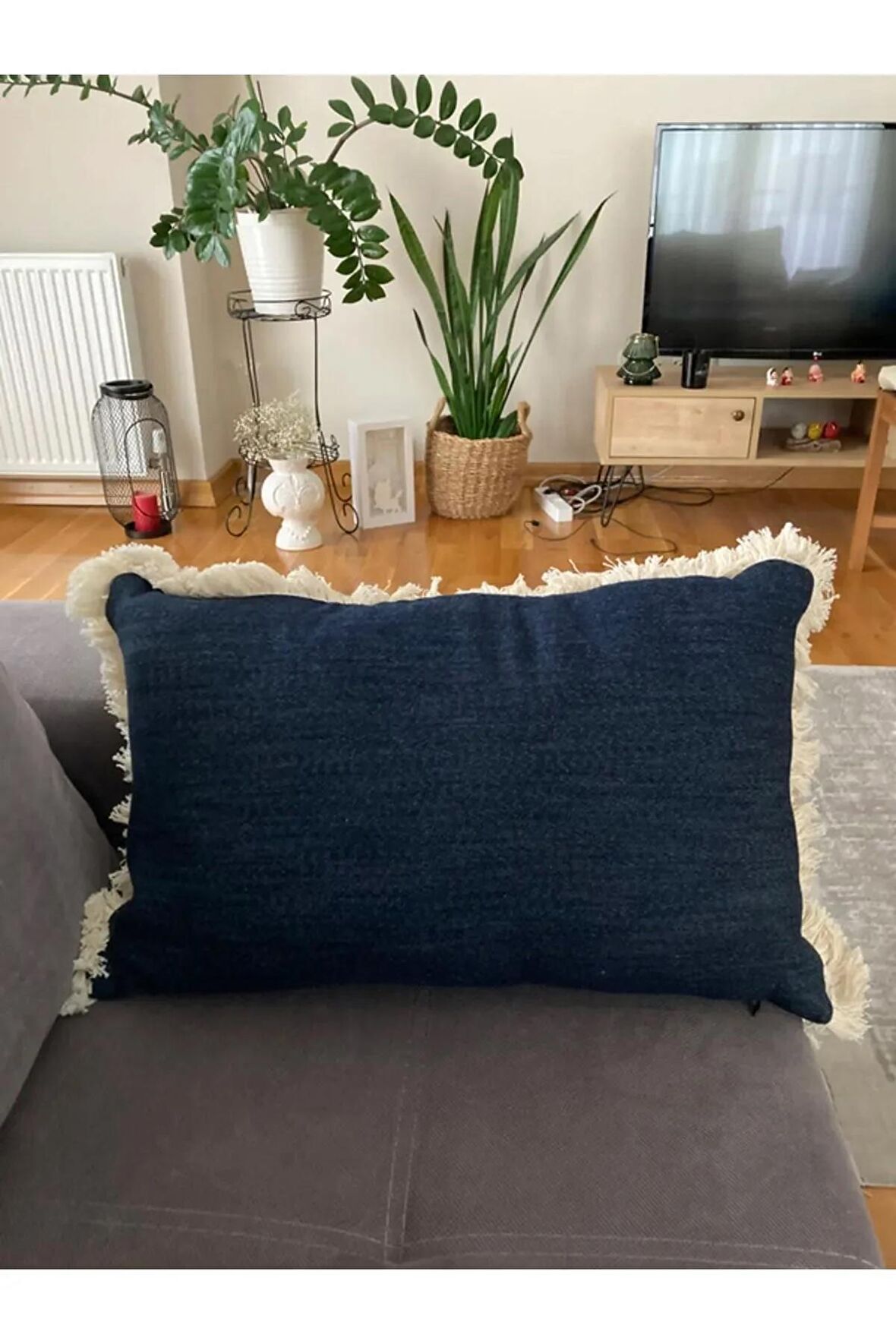 Denim Püskül Detaylı Dikdörtgen Kırlent Kılıfı 30x50 cm - 1 Adet Kılıf