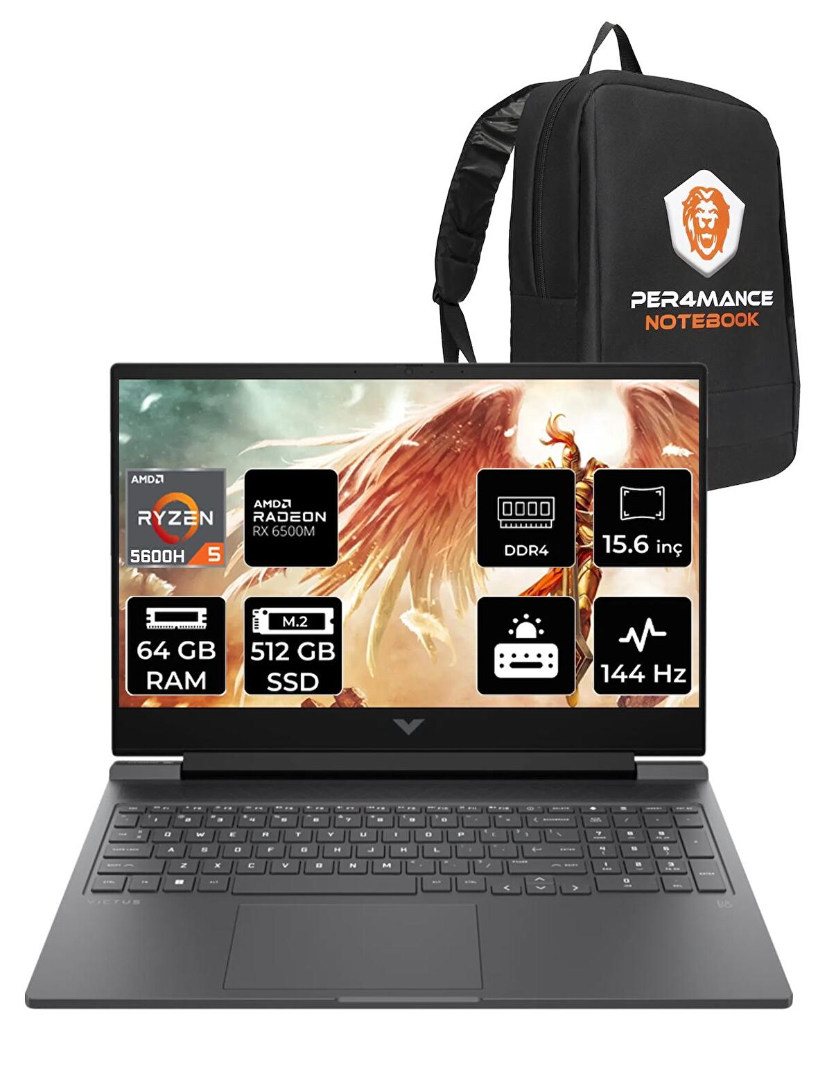 HP Victus 15 R5 5600H 64GB RAM 512GB SSD RX6500M 144Hz 15.6'' FHD FDOS A42ZMEA & PER4 ÇANTA