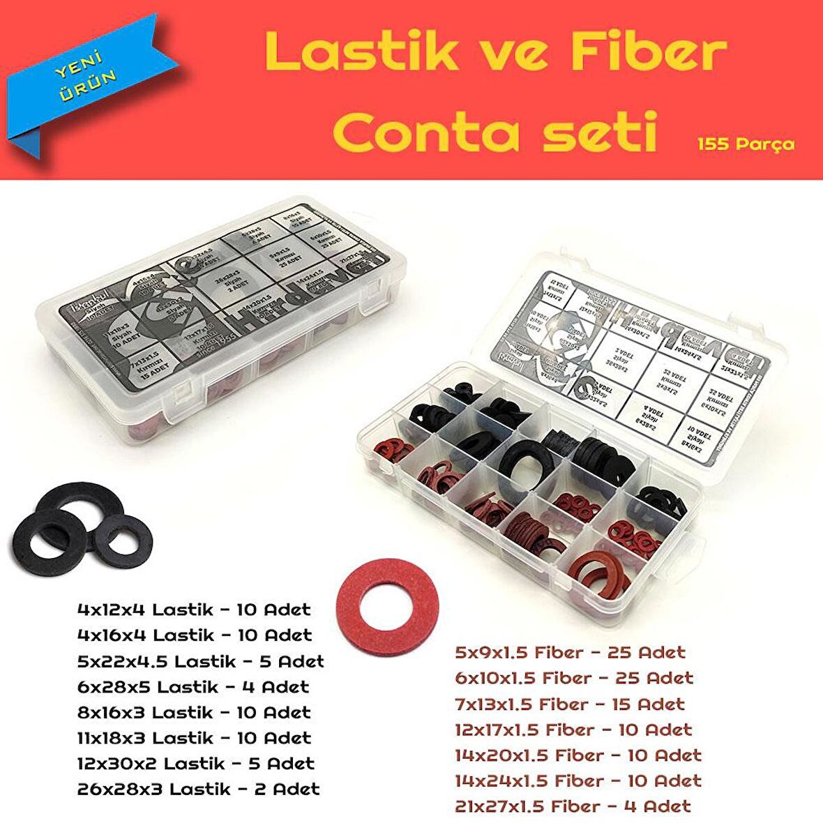 Kauçuk ve Fiber Conta Seti, 155 Parça