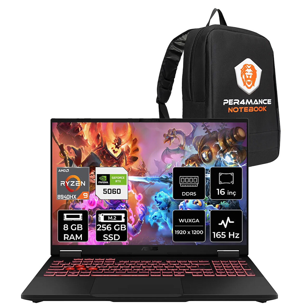 Asus TUF Gaming A16 R9 8940HX 8GB 256GB SSD RTX5060/8GB 115W 165Hz 16'' WUXGA FDOS Laptop FA608PM
