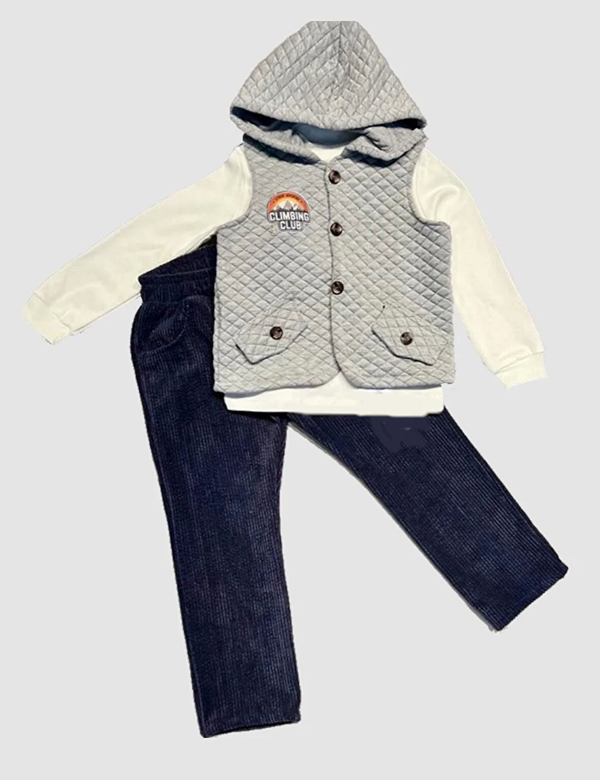 3-4-5 Yaş Fitilli Kadife Pantolon Kapitone Kapşonlu Yelek Uzun Kollu Sweat 3lü Erkek Çocuk Takımı Gri