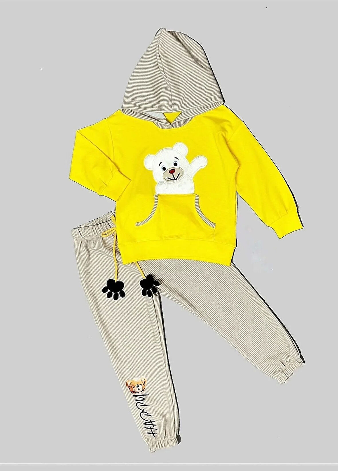 2-3-4 Yaş Pelüş Ayı Desenli Kapşonlu Uzun Kollu Penye Sweat 2li Erkek Çocuk Takımı Sarı