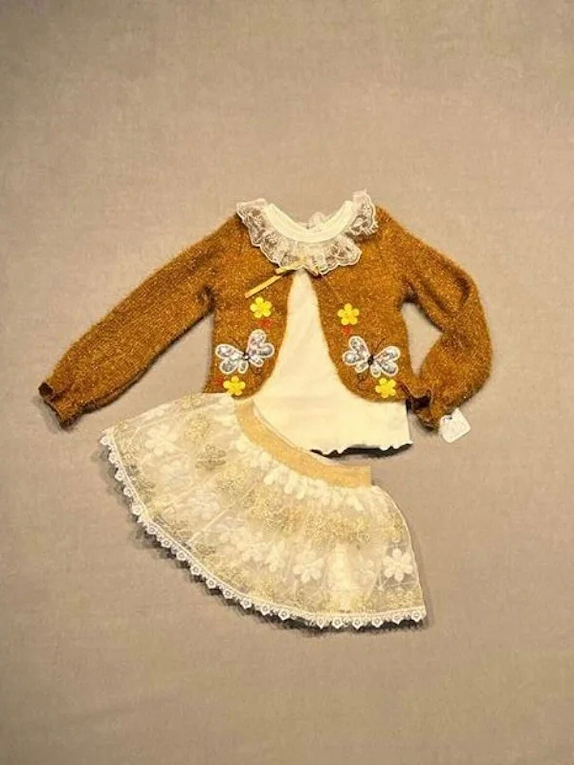 1-2-3 Yaş Brode Etekli Örme Hırkalı Uzun Kollu Sweat 3lü Kız Çocuk Takımı Hardal