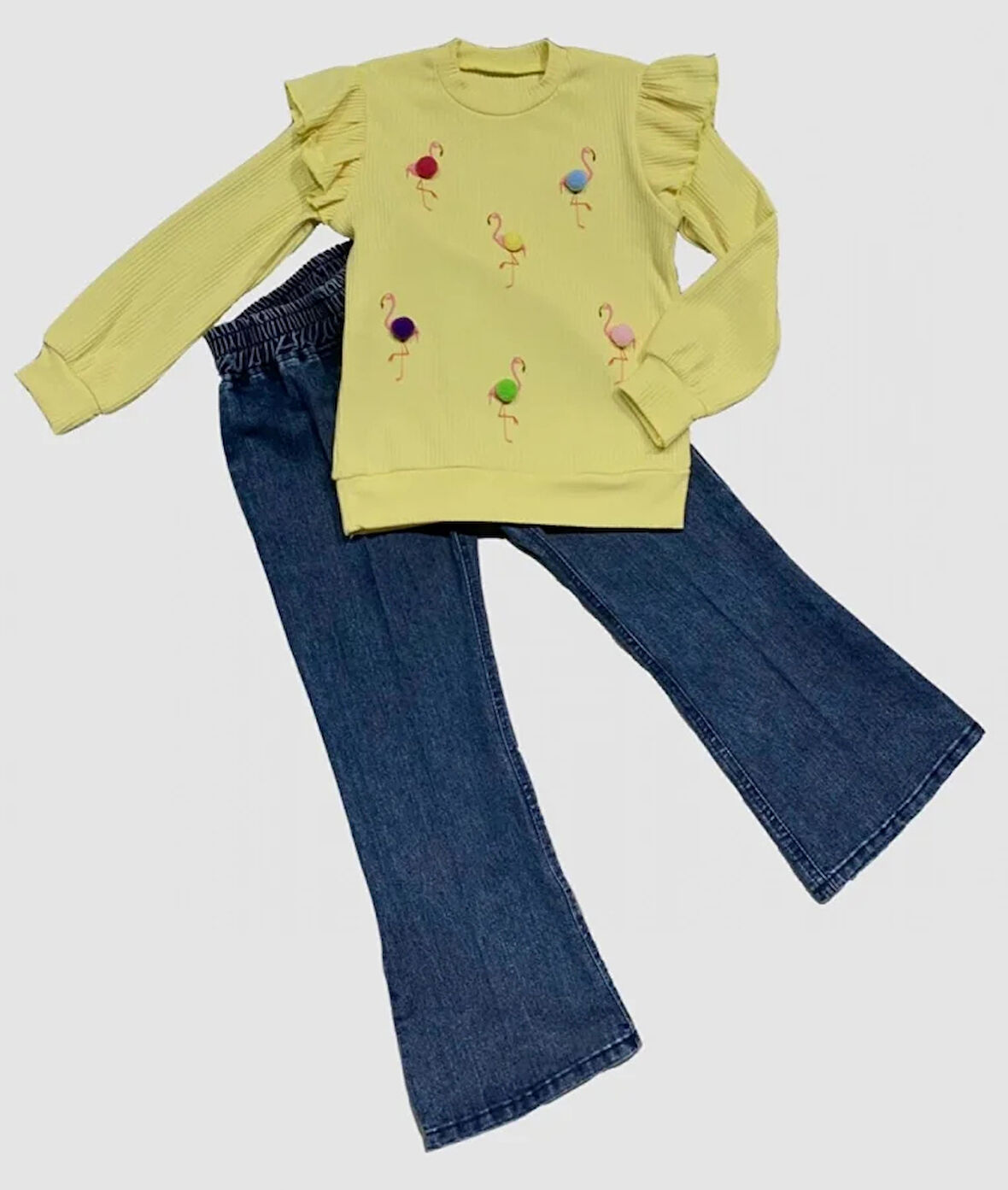 4-5-6 Yaş Kot Pantolonlu Flamingo Desenli Penye Sweat Uzun Kollu 2li Kız Çocuk Takımı Sarı