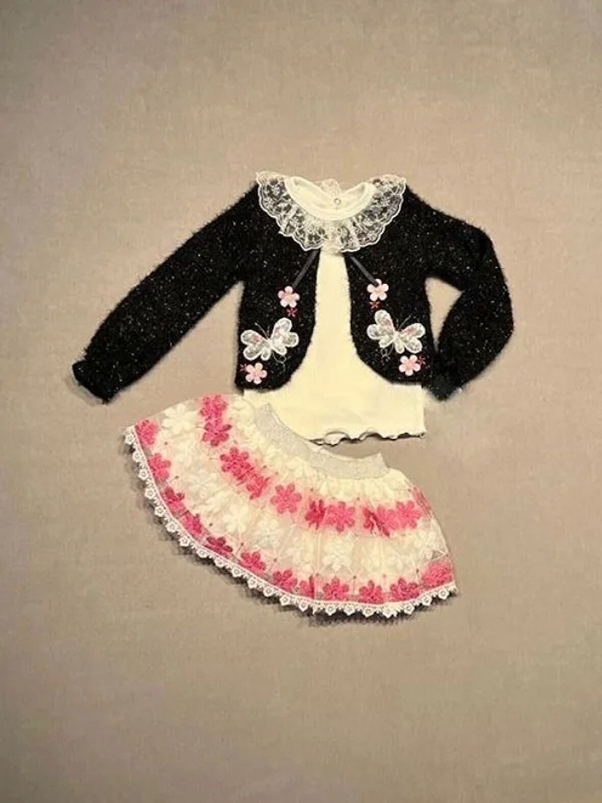 1-2-3 Yaş Brode Etekli Örme Hırkalı Uzun Kollu Sweat 3lü Kız Çocuk Takımı Siyah