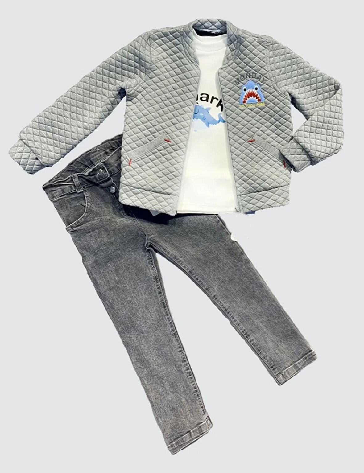 4-5-6 Yaş Kot Pantolonlu Pilot Mont Uzun Kollu Penye Sweat 3lü Erkek Çocuk Takımı Gri