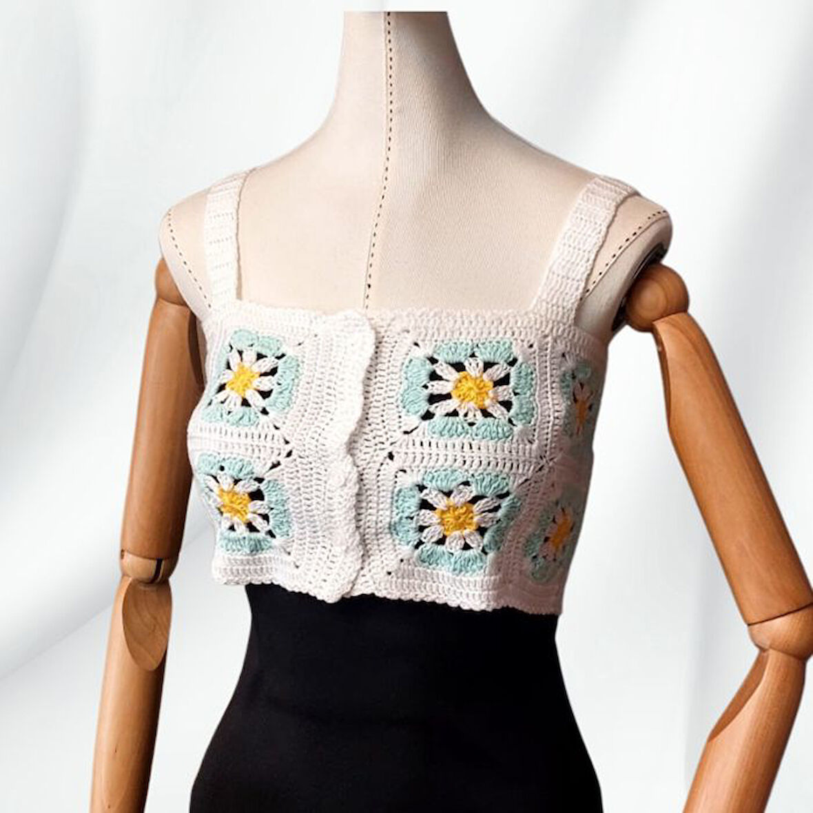 Uretti - Yıldız 7202 4612 El Örgüsü Yazlık Beyaz Kadın Büstiyer / Crop Bluz - 36/38/40 - Turkuaz