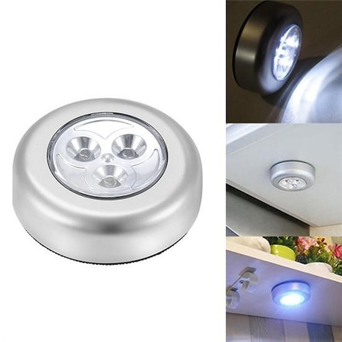 By Nevser® Kablosuz Spot Pilli Dokunmatik Led Lamba 3 Ledli Dolap Lambası