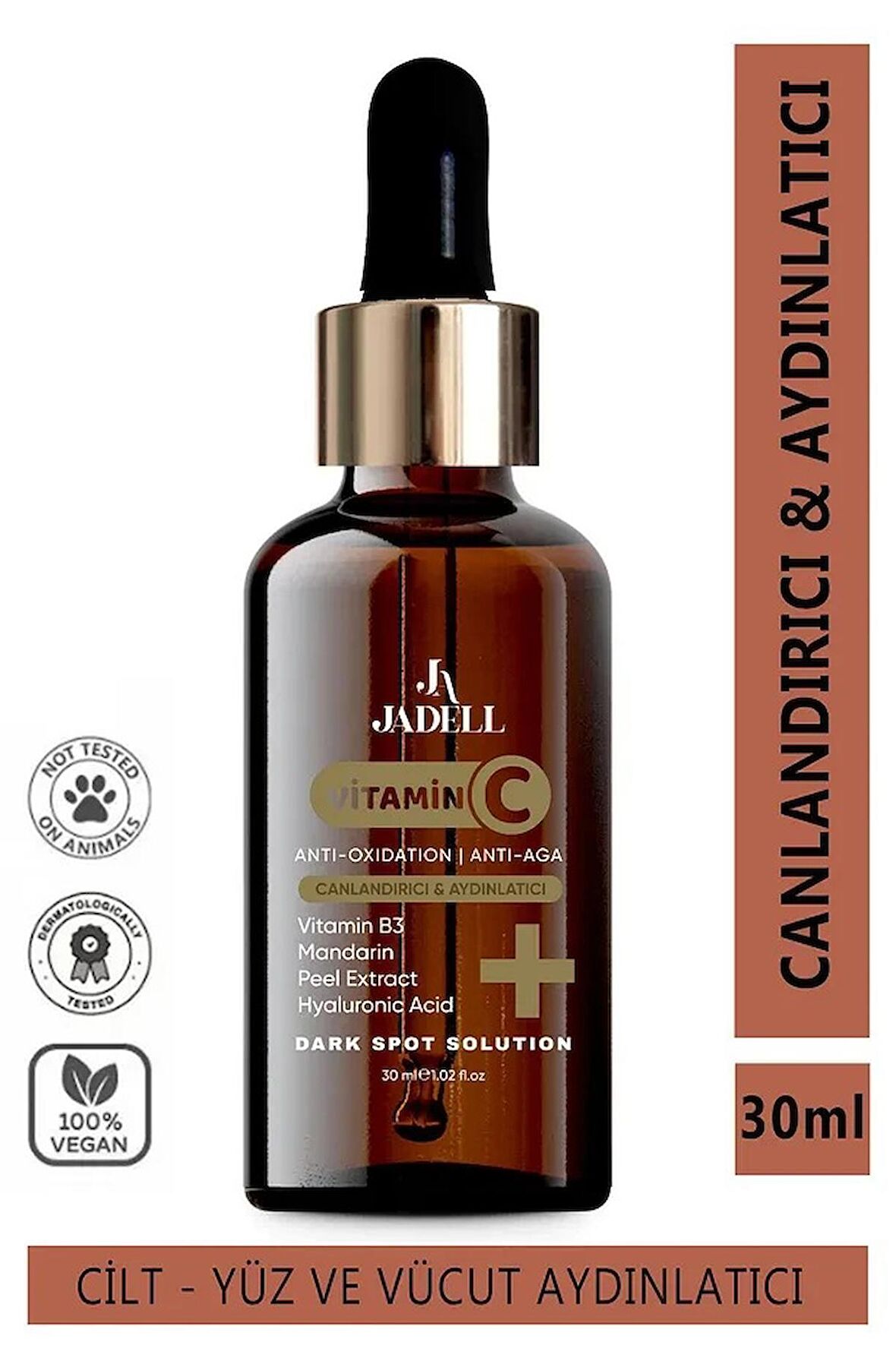 Jadell Vitamin C Hyaluronic Acid Canlandırıcı Ton Eşitleyici Cilt, Yüz ve Vücut Vegan Serum 30 ml