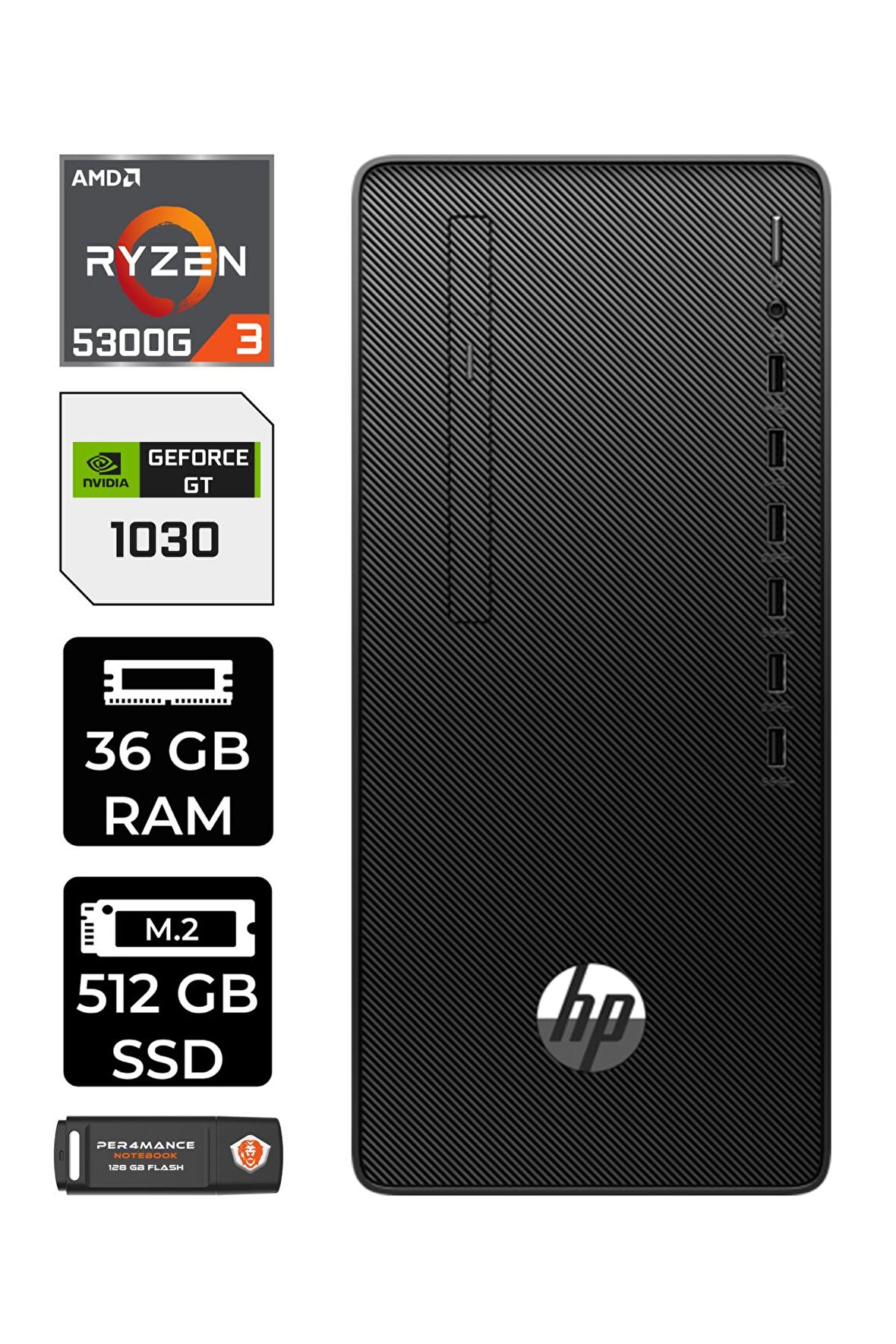 HP 295 G9 RYZEN 3 5300G 36GB RAM 512GB SSD GT1030/4GB FDOS 6D391EA MASAÜSTÜ PC & PER4 BELLEK