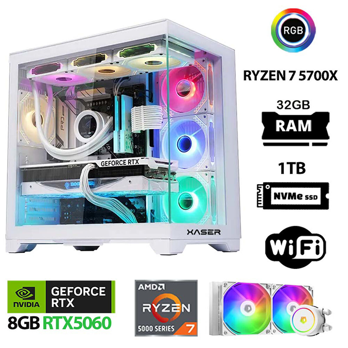 Xaser Sword X60 Ryzen 7 5700X 32GB Ram 1TB M.2 NVMe SSD 8GB RTX5060 Sıvı Soğutmalı Oyuncu Bilgisayarı