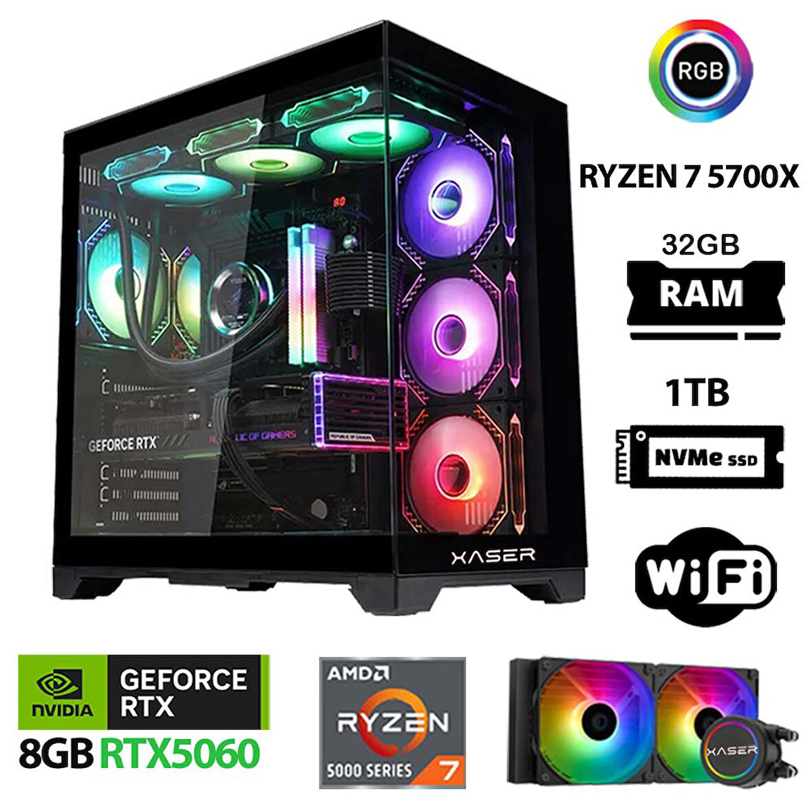Xaser Sword X50 Ryzen 7 5700X 32GB Ram 1TB M.2 NVMe SSD 8GB RTX5060 Sıvı Soğutmalı Oyuncu Bilgisayarı