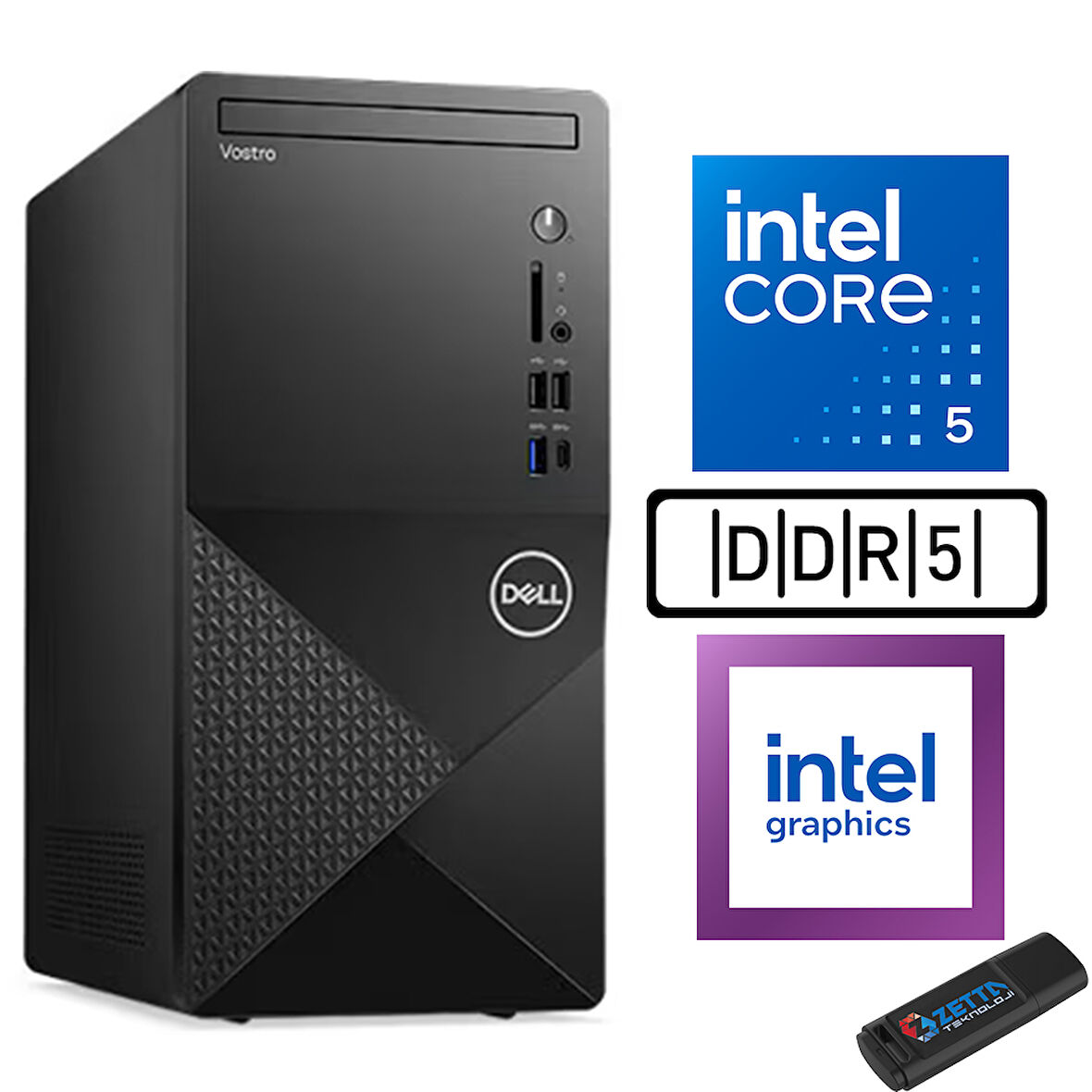 Dell Vostro 3030 mt Intel Core I5 12400 24GB Ddr5 2tb SSD Windows 11 Pro Intel® UHD Graphics 730 Masaüstü Bilgisayar N3030I5EMEAP14 + Zetta USB Bellek