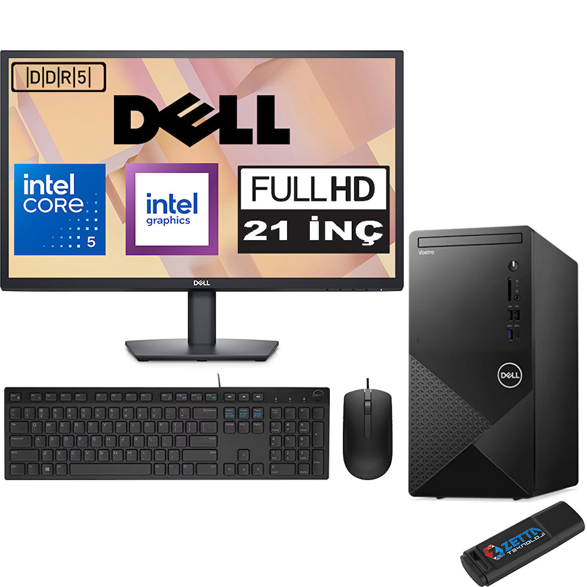 Dell Vostro 3030 mt Intel Core I5 12400 16GB Ddr5 4tb SSD 21.5" Fhd Windows 11 Home Intel® UHD Graphics 730 Masaüstü Bilgisayar 21N3030I5EMEAH10 + Zetta USB Bellek