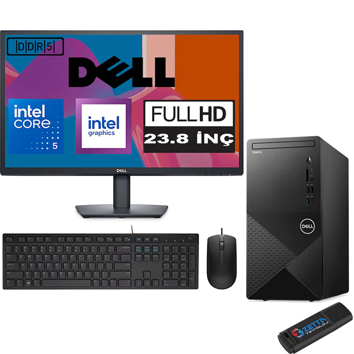 Dell Vostro 3030 mt Intel Core I5 12400 24GB Ddr5 1tb SSD 23.8" Fhd Windows 11 Home Intel® UHD Graphics 730 Masaüstü Bilgisayar 23N3030I5EMEAH13 + Zetta USB Bellek