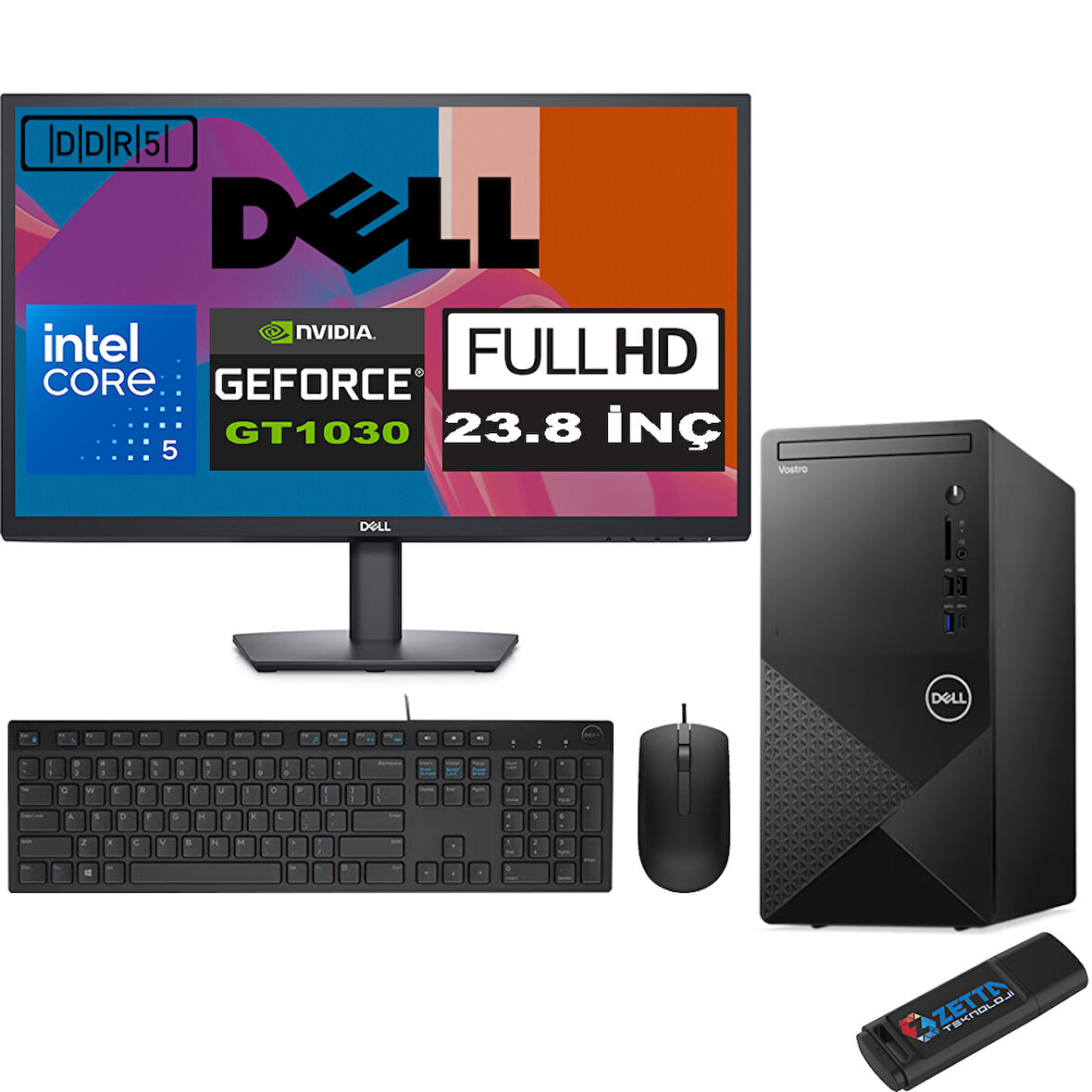 Dell Vostro 3030 mt Intel Core I5 12400 16GB Ddr5 512GB SSD 23.8" Fhd Windows 11 Home Nvidia GT1030-4GB Masaüstü Bilgisayar 23N3030I5GT1030H07 + Zetta USB Bellek