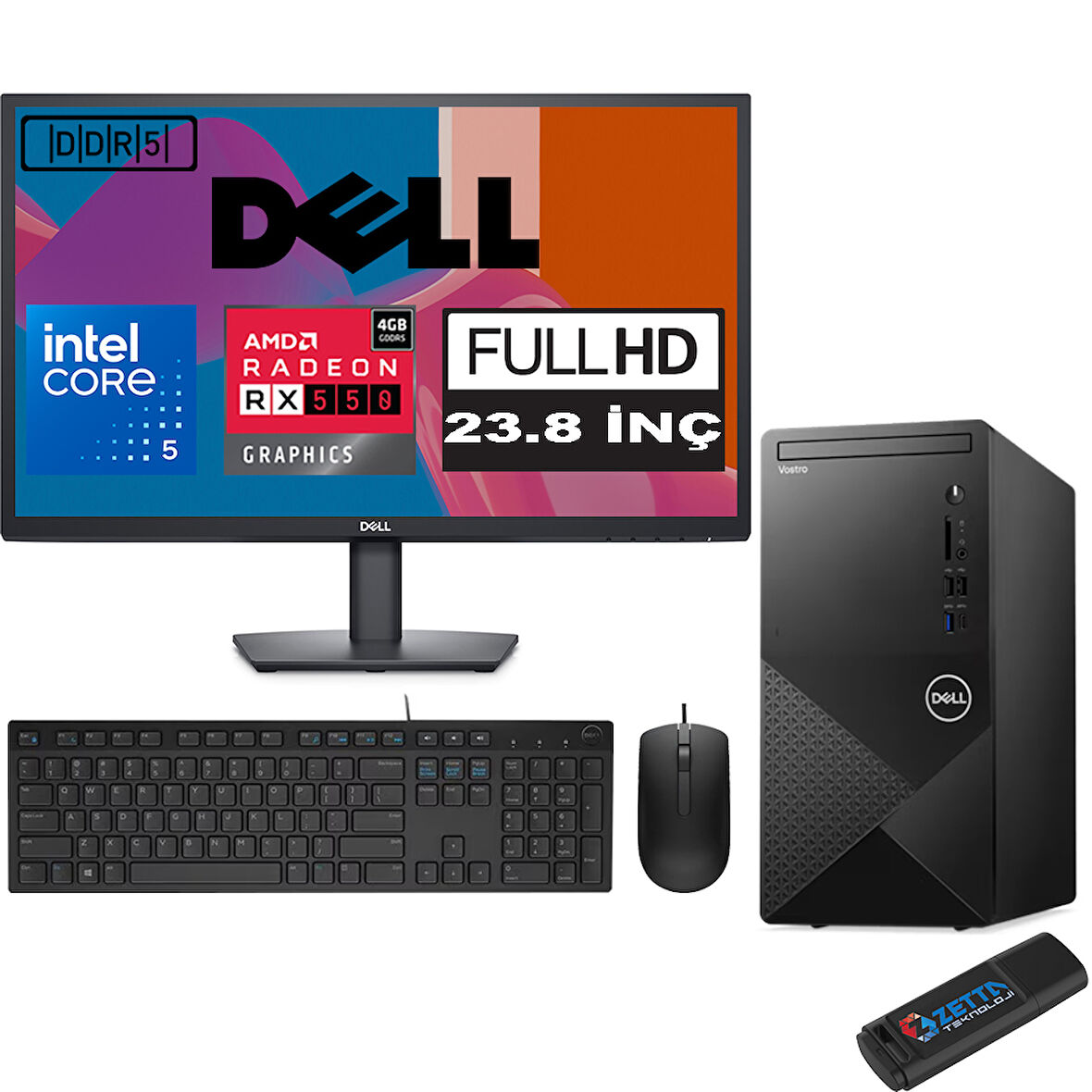 Dell Vostro 3030 mt Intel Core I5 12400 64GB Ddr5 256GB SSD 23.8" Fhd Windows 11 Home Amd RX550-4GB Masaüstü Bilgisayar 23N3030I5RX550H26 + Zetta USB Bellek