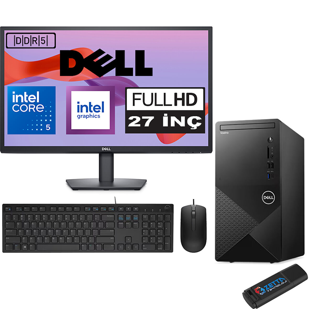 Dell Vostro 3030 mt Intel Core I5 12400 32GB Ddr5 1tb SSD 27" Fhd Windows 11 Pro Intel® UHD Graphics 730 Masaüstü Bilgisayar 27N3030I5EMEAP18 + Zetta USB Bellek
