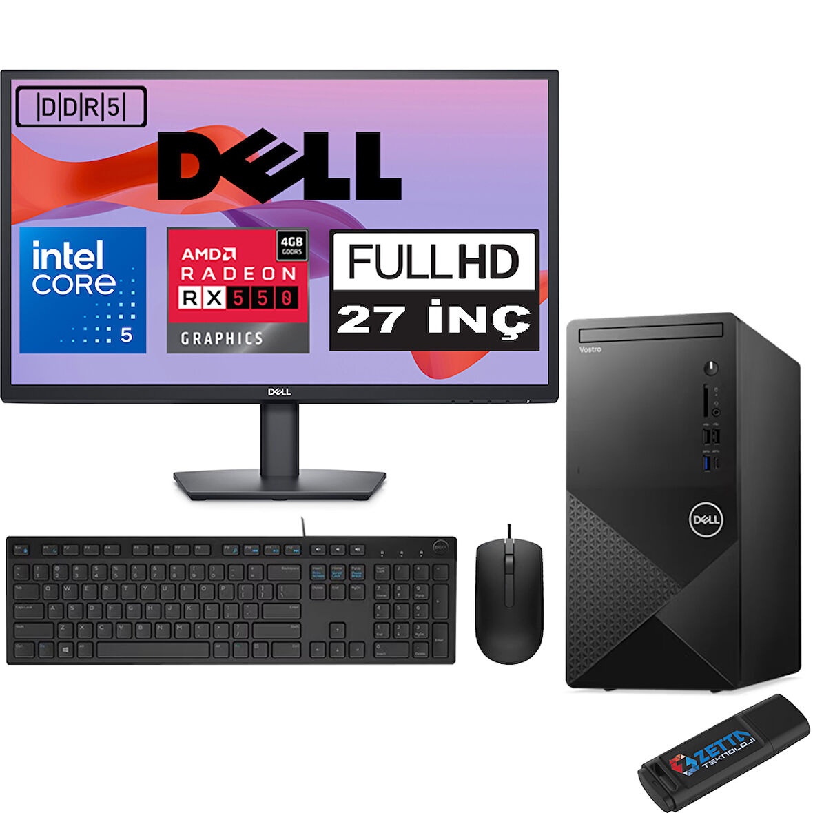 Dell Vostro 3030 mt Intel Core I5 12400 96GB Ddr5 256GB SSD 27" Fhd Ubuntu Amd RX550-4GB Masaüstü Bilgisayar 27N3030I5RX550U01 + Zetta USB Bellek