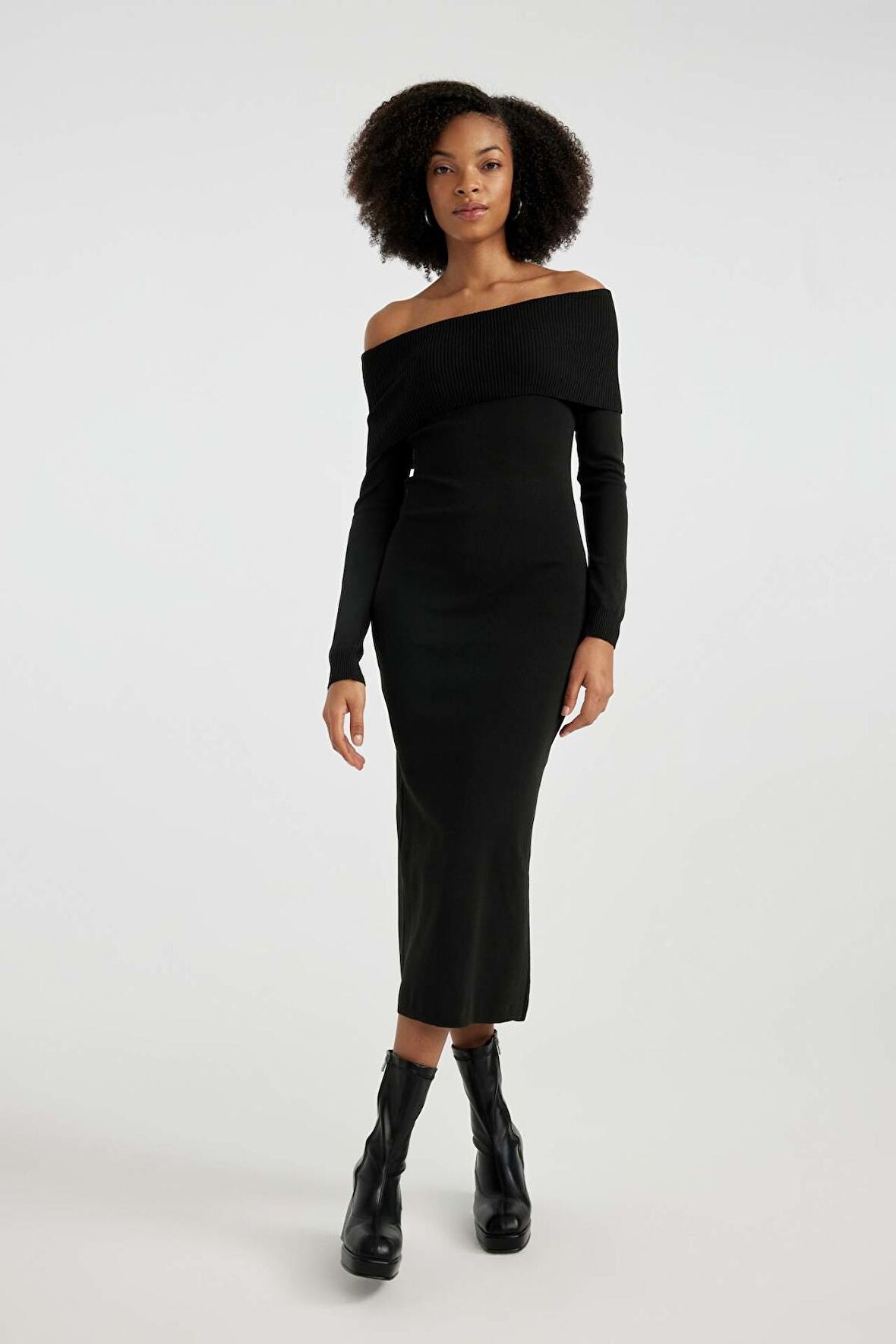 DeFacto Slim Fit Dar Kesim Açık Omuz Basic Düz Uzun Kollu Midi Triko Elbise C0618AX23WNBK27