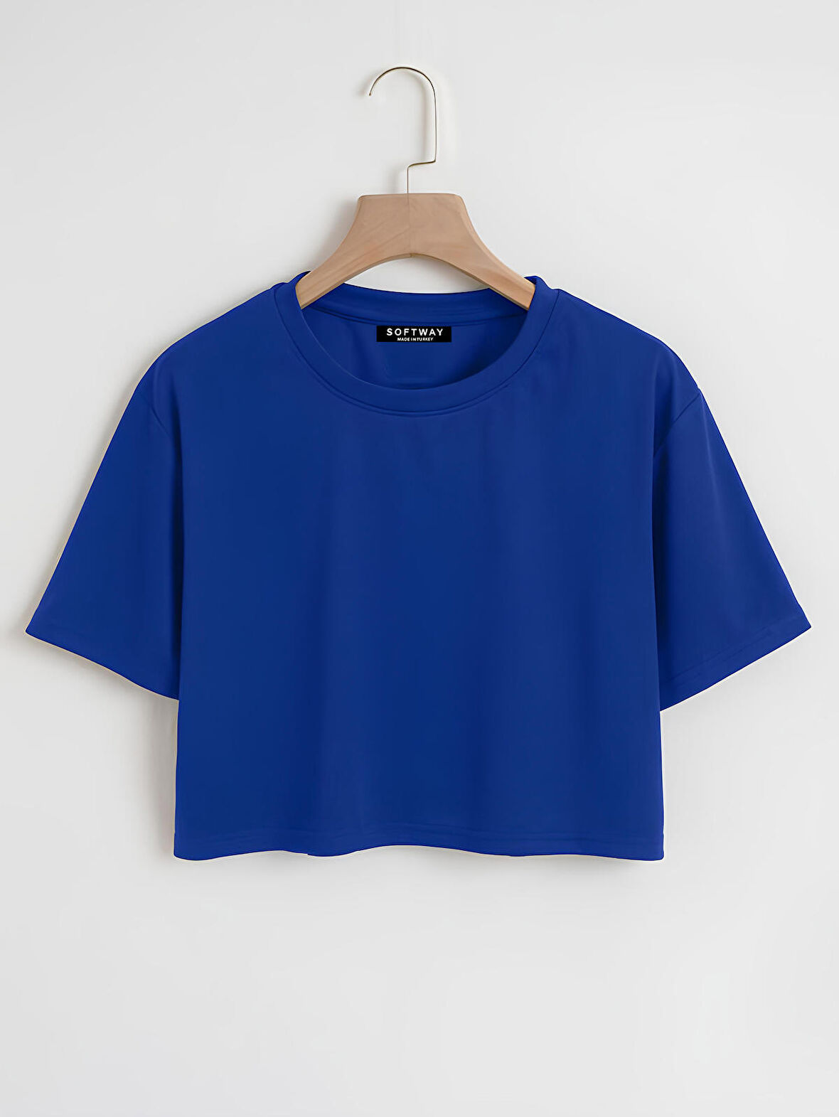 Kadın Oversize Bisiklet Yaka Düz Crop T-shirt - SAKS MAVİSİ