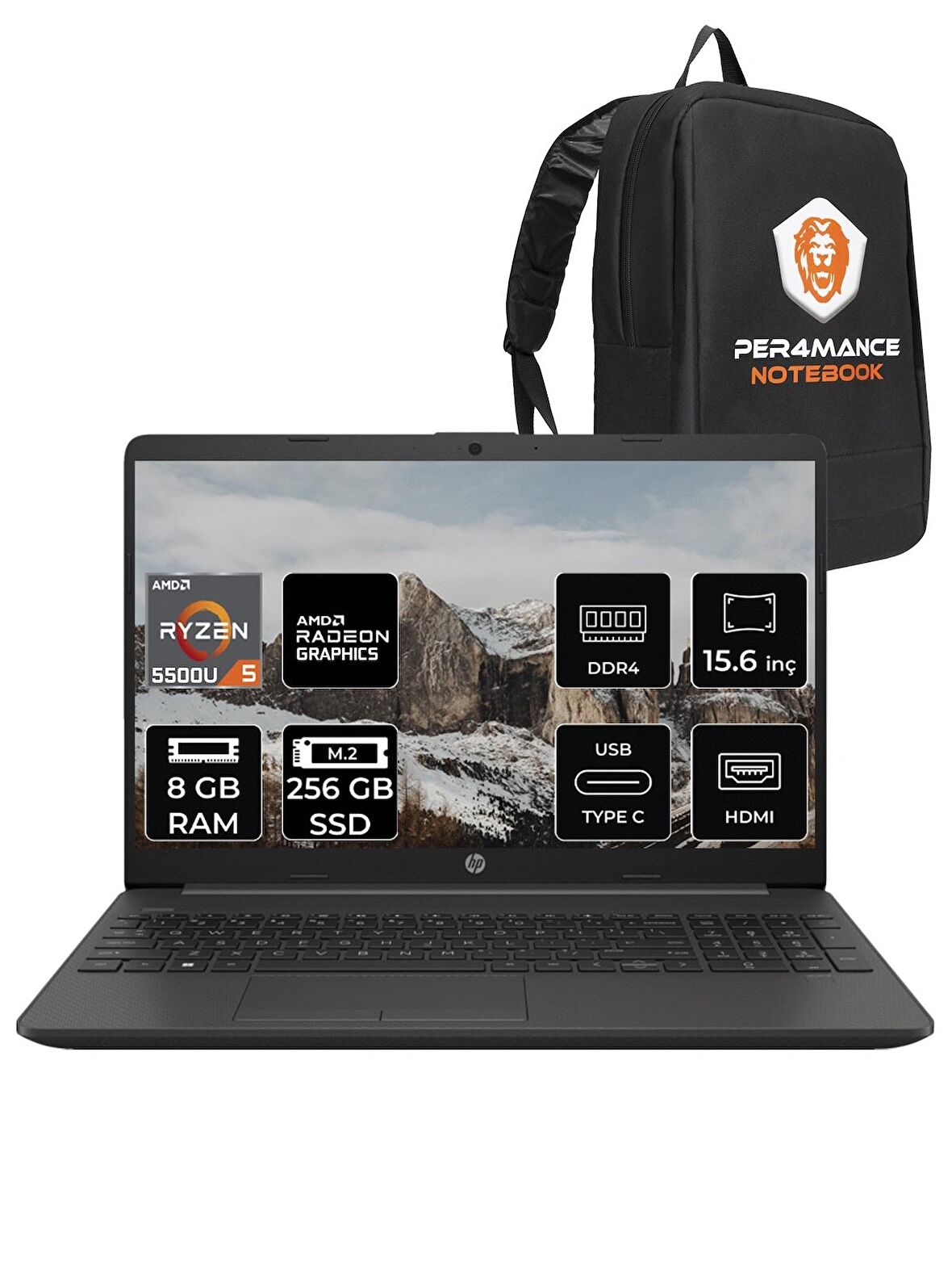 HP 255 G8 Ryzen 5 5500-8G 256GB SSD 15.6" FDOS 7N4W6AA & PER4 ÇANTA