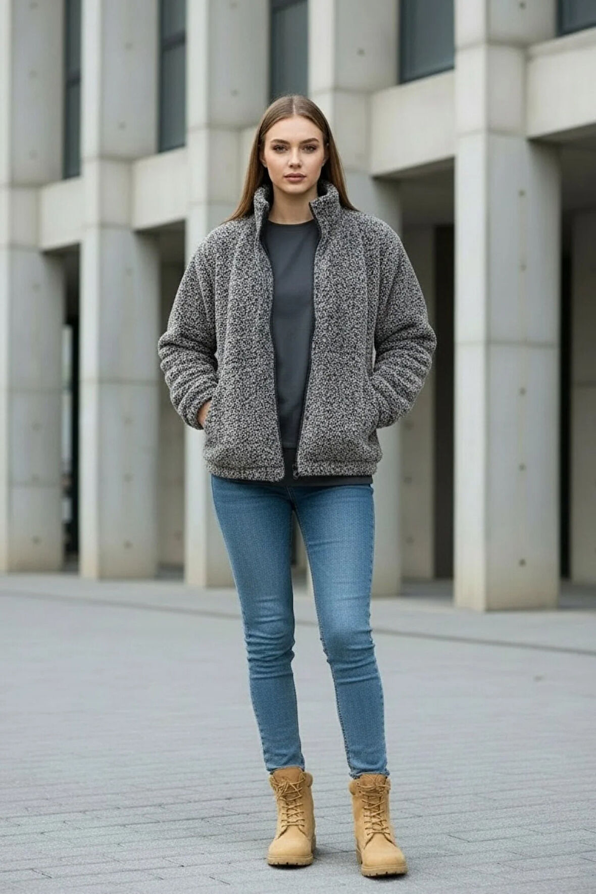 Kadın Oversize Peluş, Polar, Fermuarlı, Teddy Dik Yaka, Sıcak Tutucu Yumuşak Kışlık Ceket