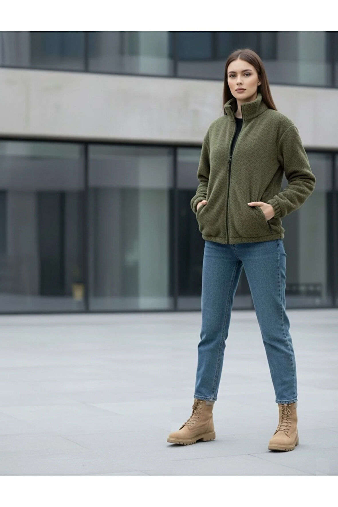 Kadın Oversize Peluş, Polar, Fermuarlı, Teddy Dik Yaka, Sıcak Tutucu Yumuşak Kışlık Ceket