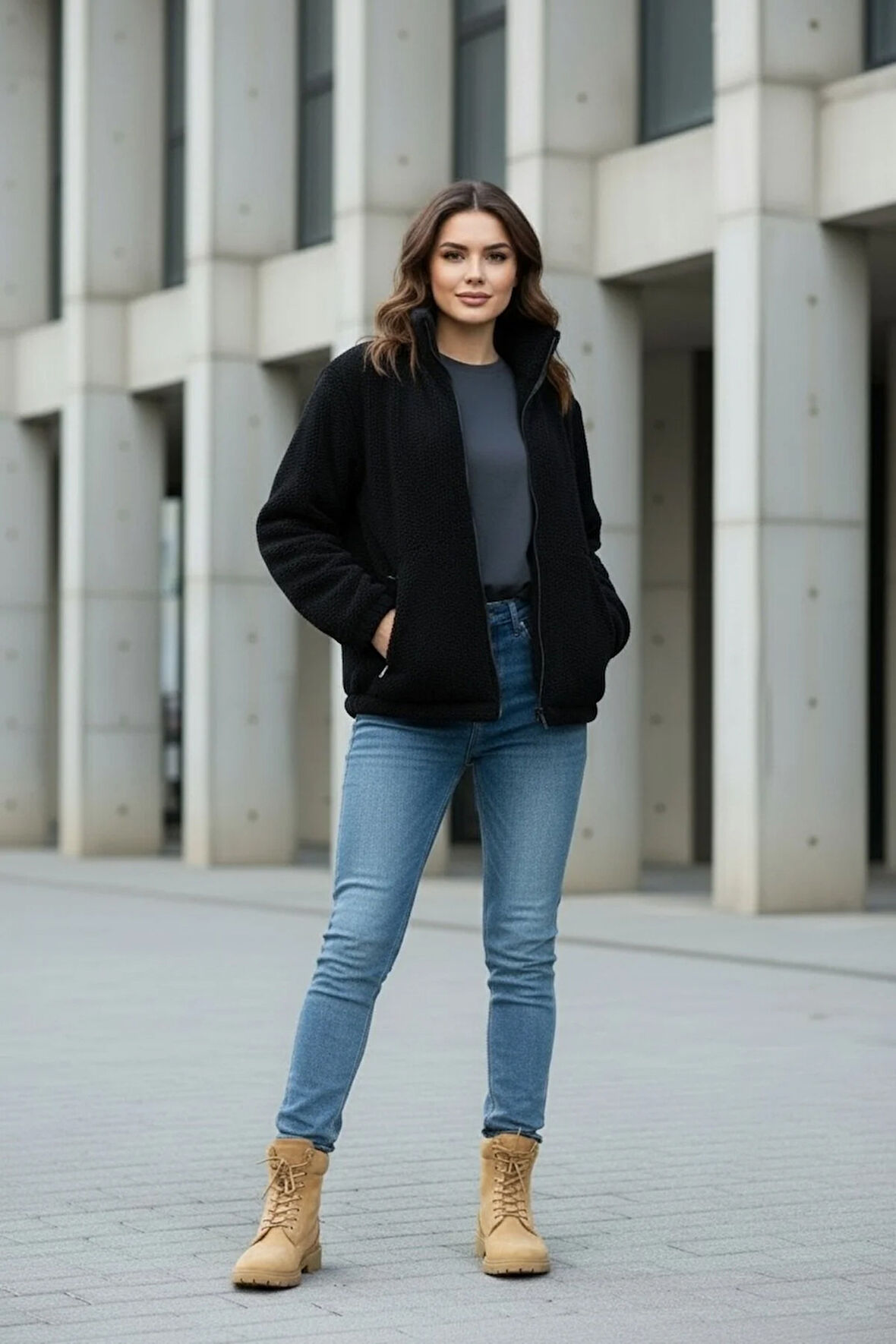 Kadın Oversize Peluş, Polar, Fermuarlı, Teddy Dik Yaka, Sıcak Tutucu Yumuşak Kışlık Ceket