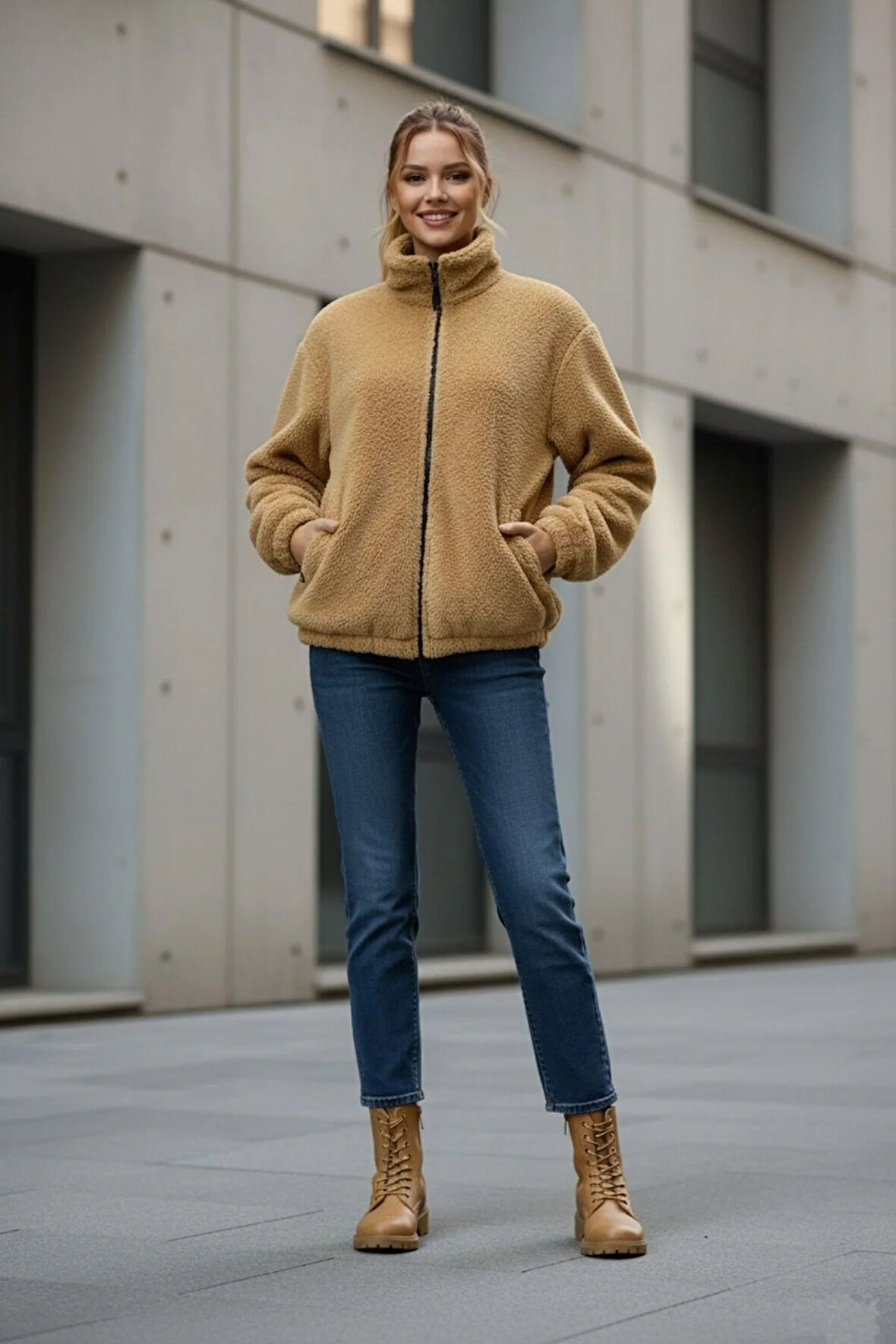 Kadın Oversize Peluş, Polar, Fermuarlı, Teddy Dik Yaka, Sıcak Tutucu Yumuşak Kışlık Ceket