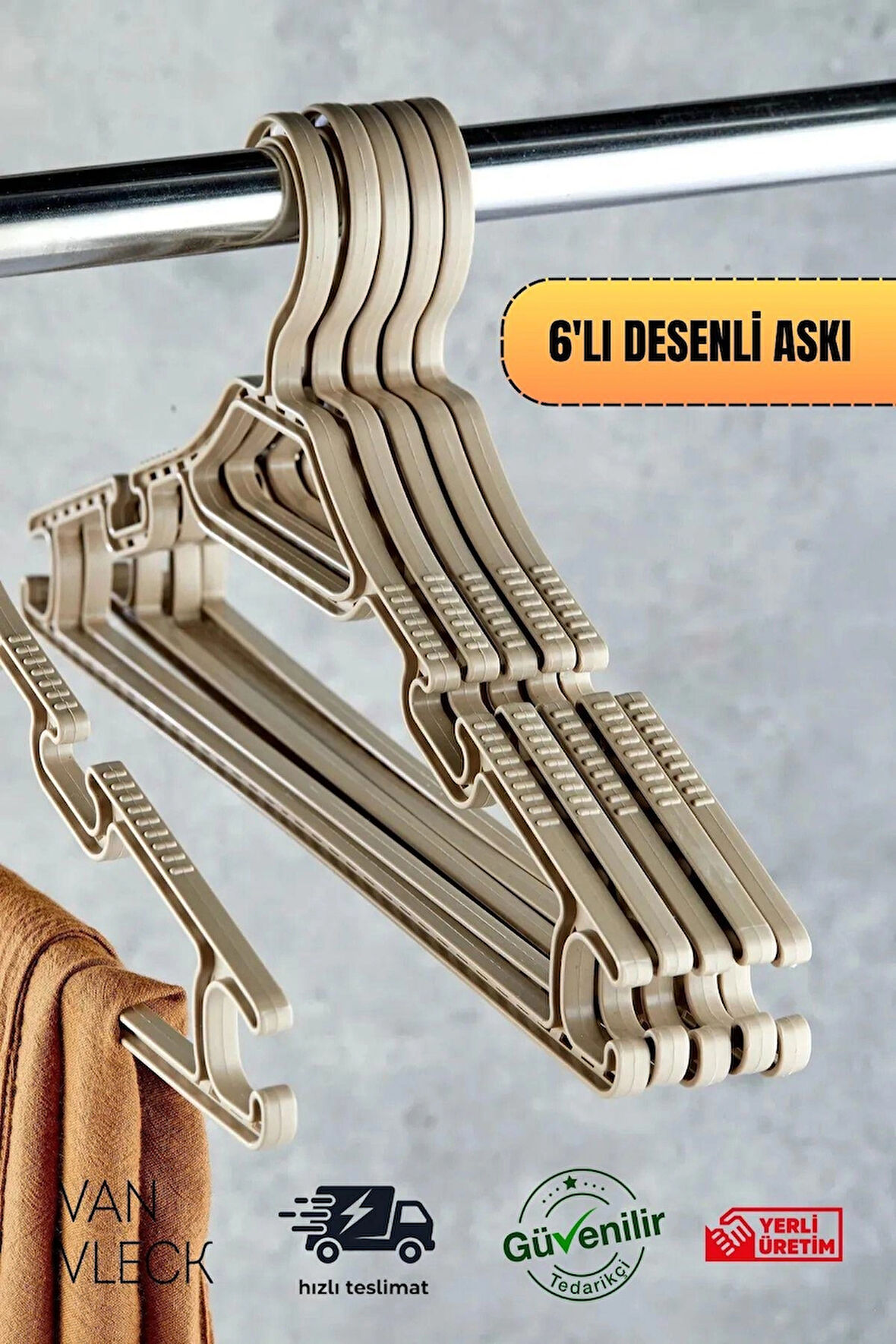 6'lı Kristal Desenli Askı Seti – Şık Gri, Beyaz Ve Kahve Renk , Dayanıklı Kıyafet Askıları