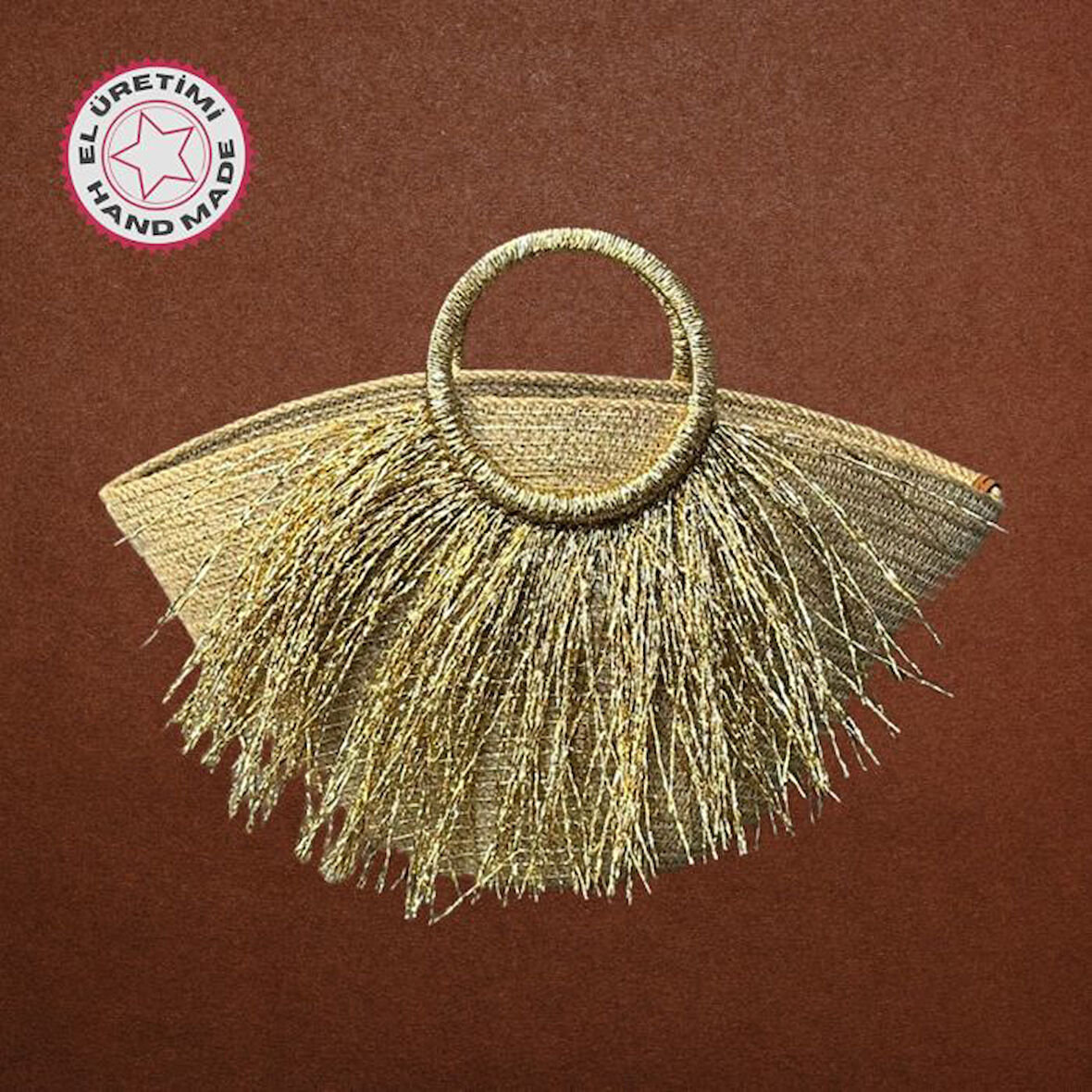 Uretti - Mine 6402 2600 El Yapımı Halka Saplı Metalik Sarı Jüt İp Omuz Çantası