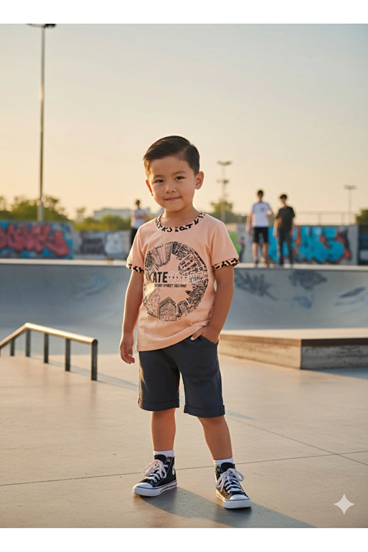 Çocuk Unisex Kız Erkek Şortlu Alt Üst Takım Kreş %100 Pamuk Rahat Tarz Tasarım Premium, somon