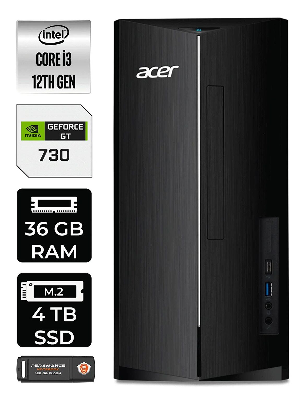 Lenovo NEO 50T i3 12100 36GB RAM 4TB SSD RX550/4GB W11HOME 11SC001ATX MASAÜSTÜ PC & PER4 BELLEK