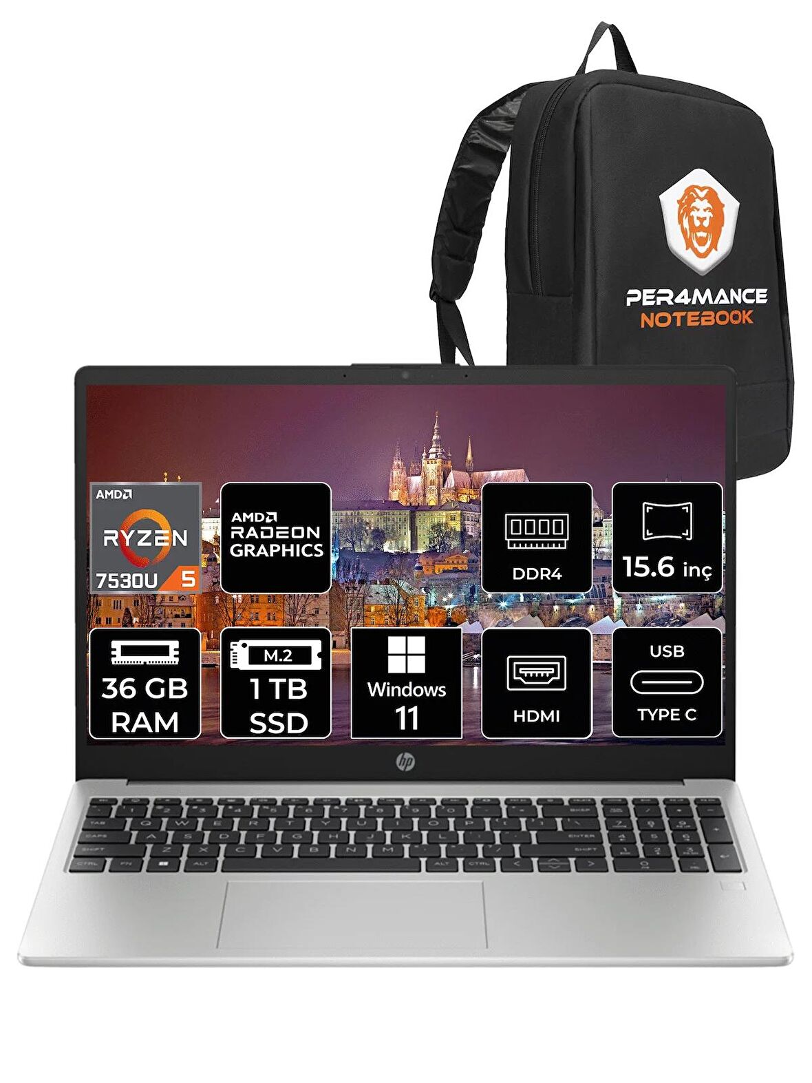 HP 255 G10 Ryzen 5 7530U 36GB RAM 1TB SSD 15.6'' FHD W11HOME 8A547EA & PER4 ÇANTA