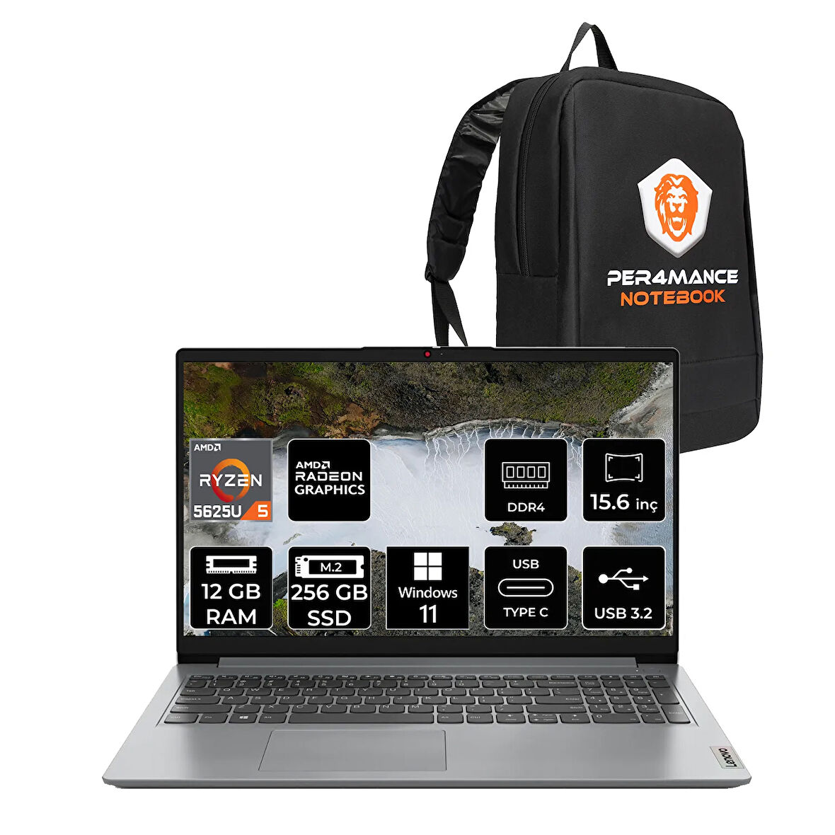 Lenovo IdeaPad 1 R5 5625U 12GB 256GB SSD 15.6" FHD W11P Taşınabilir Bilgisayar & PER4 Çanta