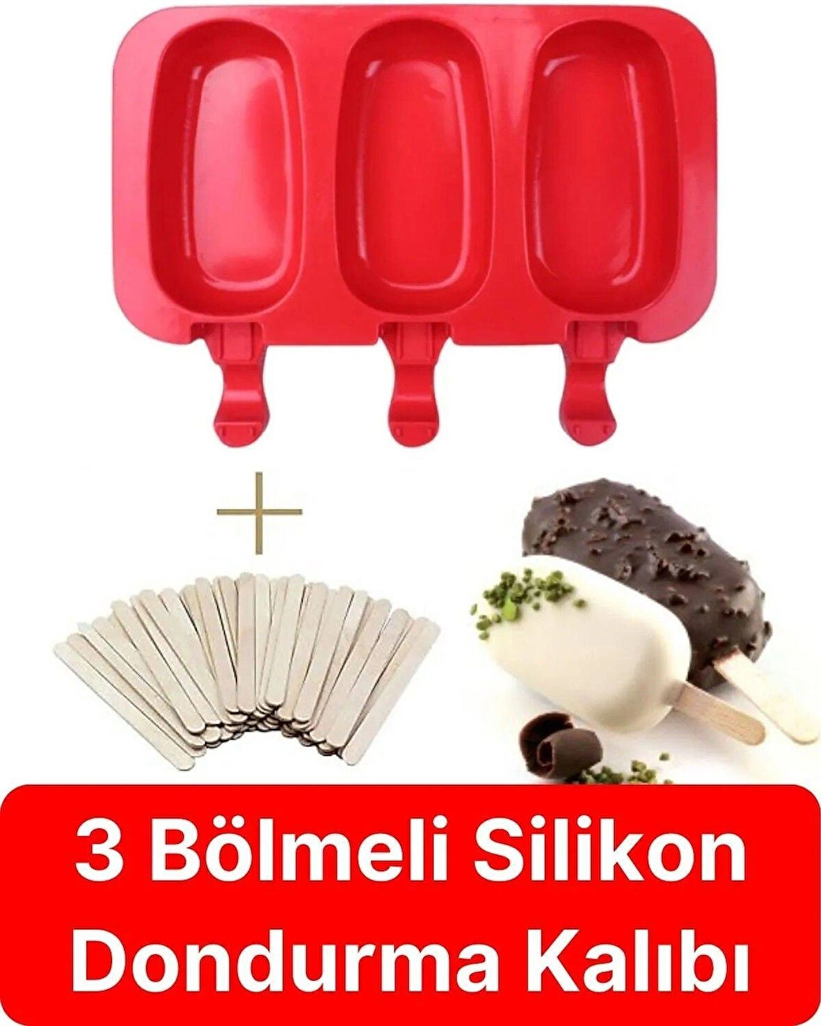  50 Çubuk Hediyeli Dondurma Kabı Magnum Silikon 3'lü Pratik Dondurma Yapma Kalıbı 1 adet