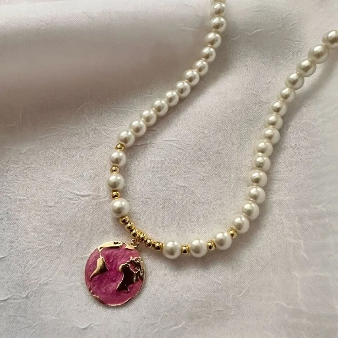 Uretti - Ayşe 5609 - 8819 Cam İncili Tasarım Dünya Kolye - Pembe
