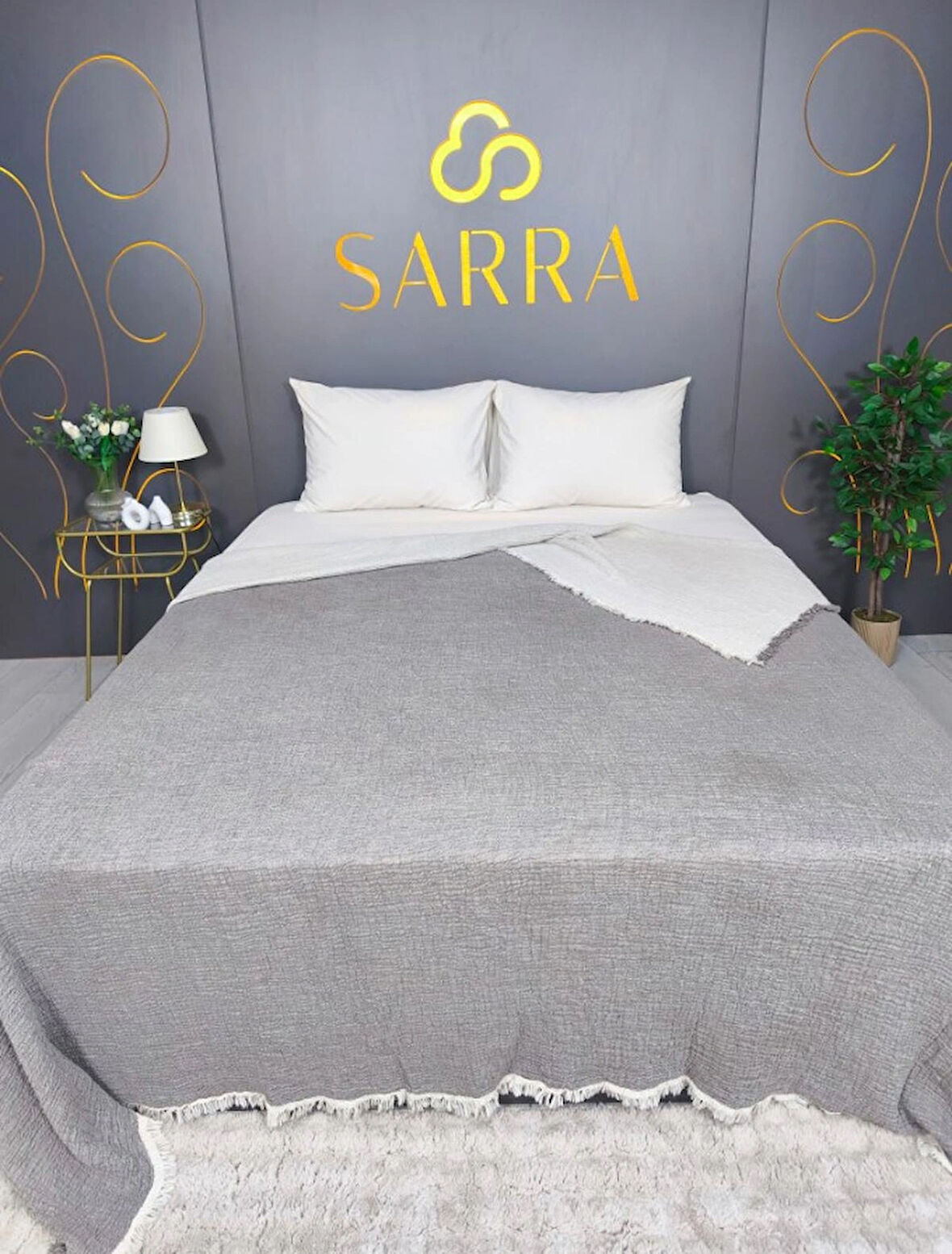 SARRA 220X240 ÇİFT KİŞİLİK MÜSLİN YATAK ÖRTÜSÜ - GRİ