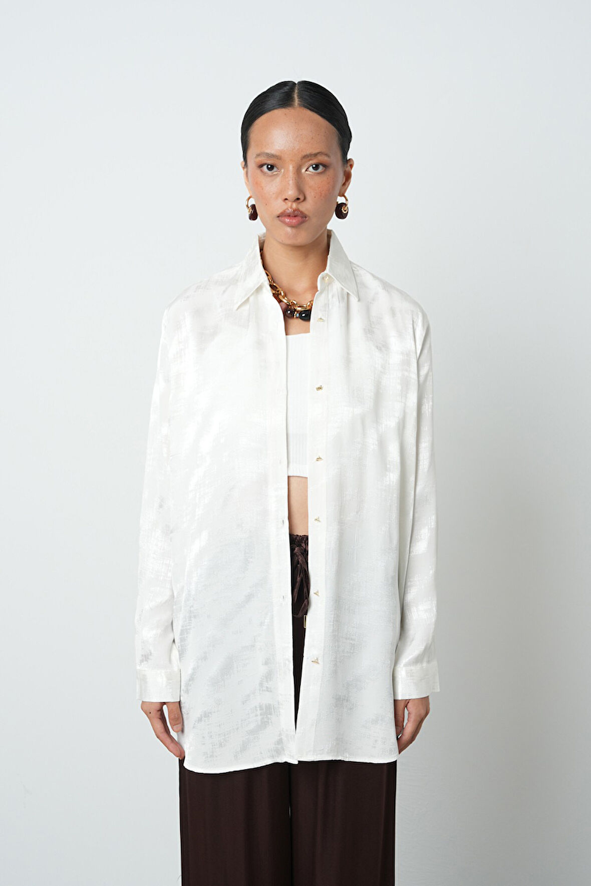 Kadın Ekru Renk Desenli Oversize Kesim Tesettür Gömlek