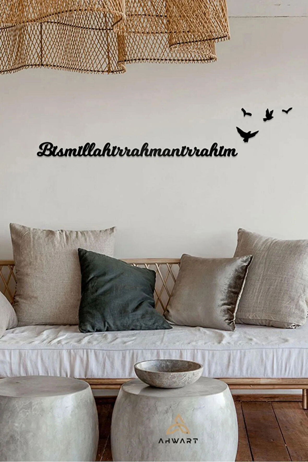 Bismillahirrahmanirrahim ve Kuşlar Temalı Siyah Mdf Lazer Kesim Duvar Yazısı